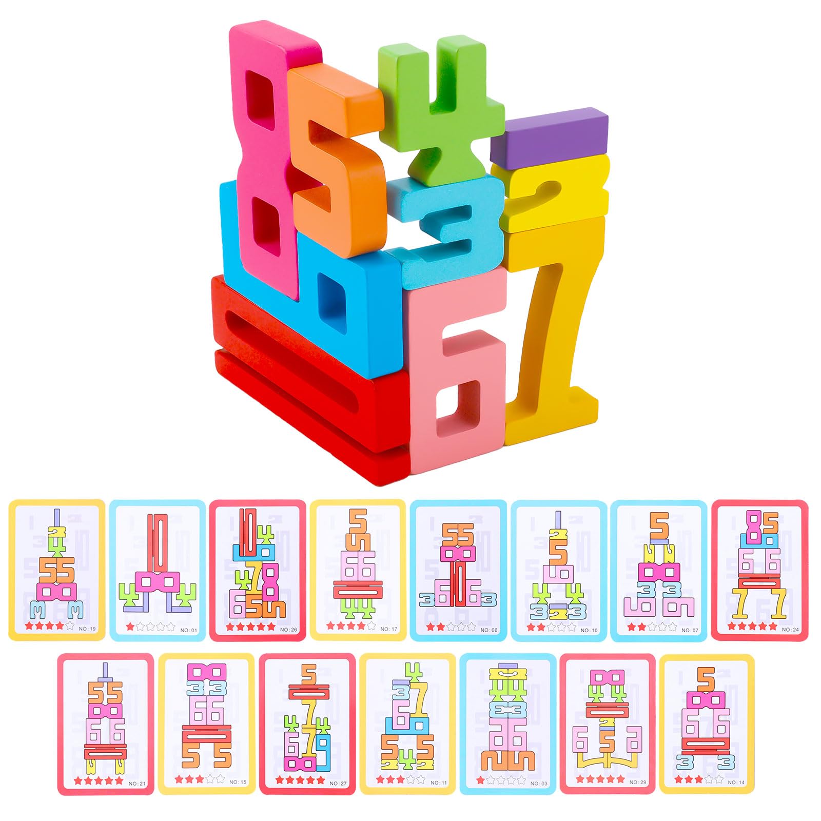 BOXOB Wooden Stacking Building Blocks, 1-10 Number Wood Blocks Sensory Digit Blocks Puzzle Game Balancing Competition Montessori Toys for 3+ Years Old Kids Boys Girls Learning Toys Gifts