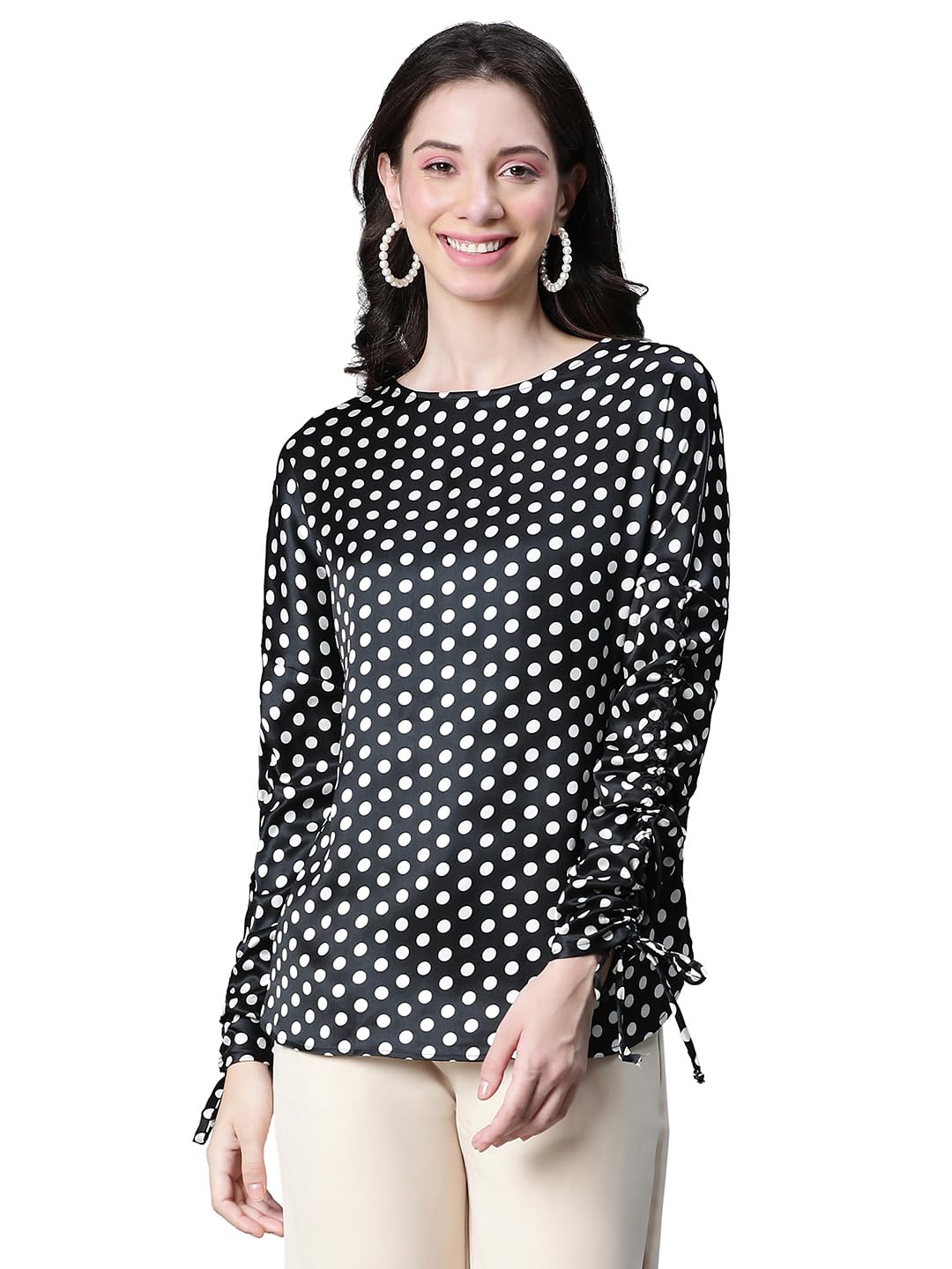 Women Polka Print Round Neck Long Sleeve Top-image-28