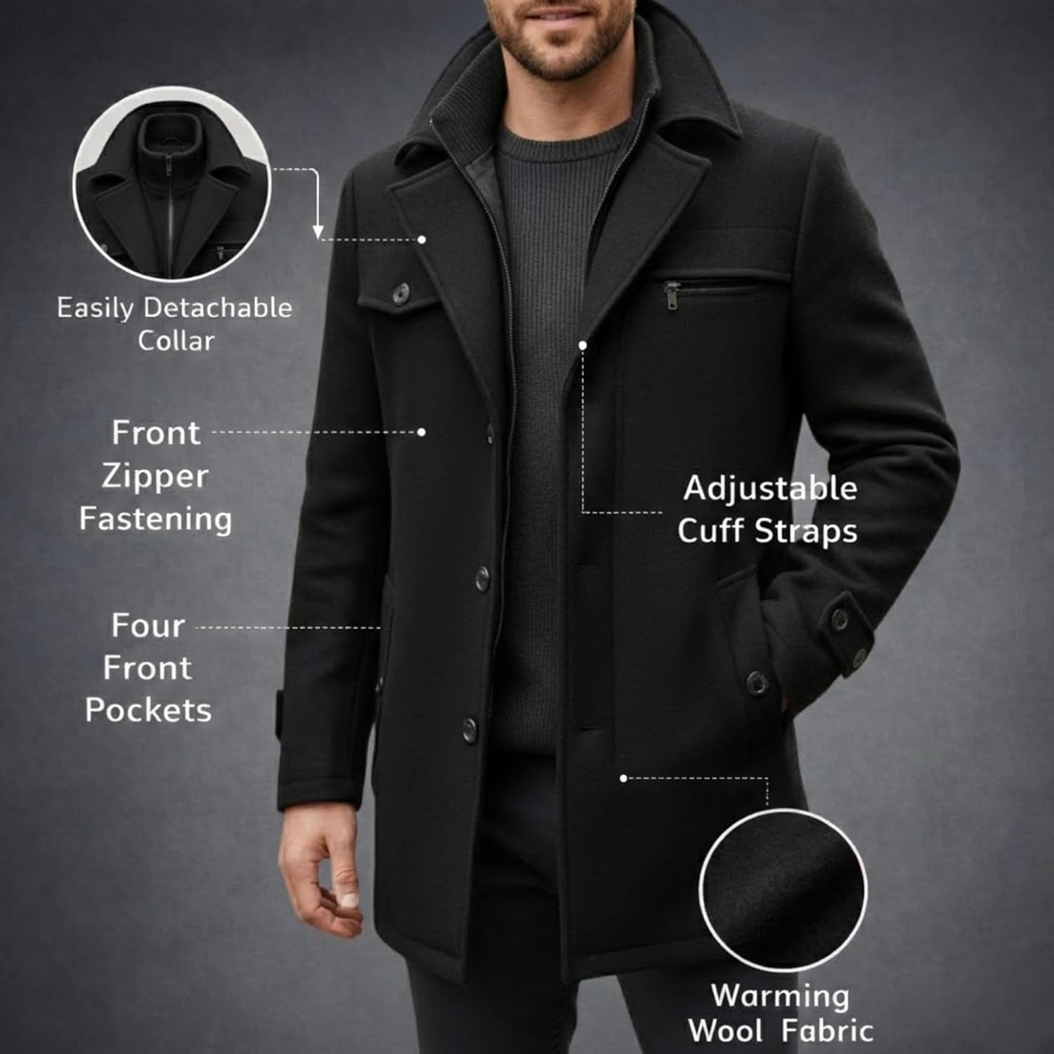 SBL SOUTH BEACH LEATHER Men's Wool Coat Warm Winter Car Coat with Detachable Soft Scarf Single Breasted Trench Coat