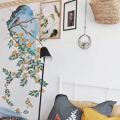 Miniatura 4 de Calcomanías de pared rotas 3D de vid de árbol grande, murales de vinilo de plantas verdes con pájaros, arte de pared de flores, arte de pared de