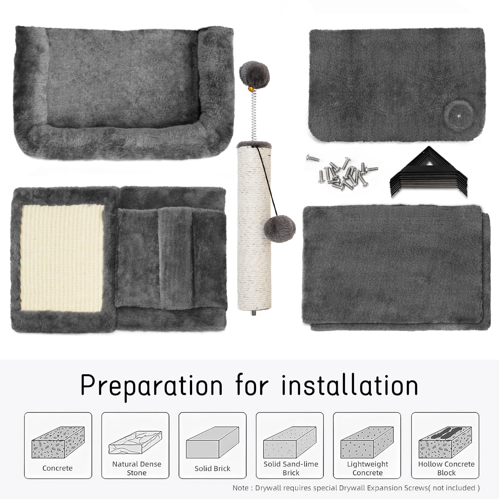 Kletterwand Katzen Set-Katzenbaum,6-Teiliges Wandregale, Wandpark mit Katzensalon, Katzenbrücke, Katzenbaum, Katzentreppe und Kratzbrett bis zu 13 kg Frühlingsbälle für Katzen