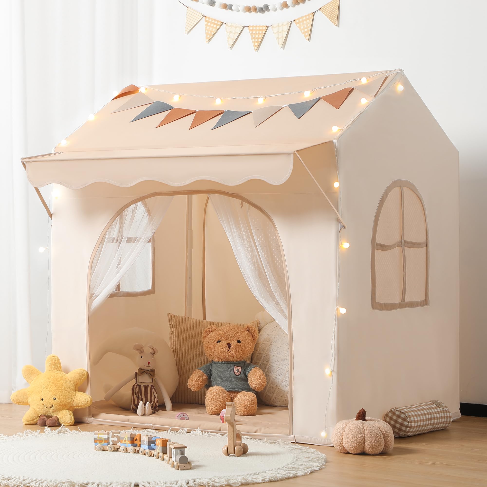 Besrey Tienda de Juego para Niños con Toldo, Casita Infantil 2 en 1 con Luz LED, Bandera y Alfombra Acolchada, Ideal para Interior y Exterior como Tienda de Campaña Infantil, Tipi Infantil