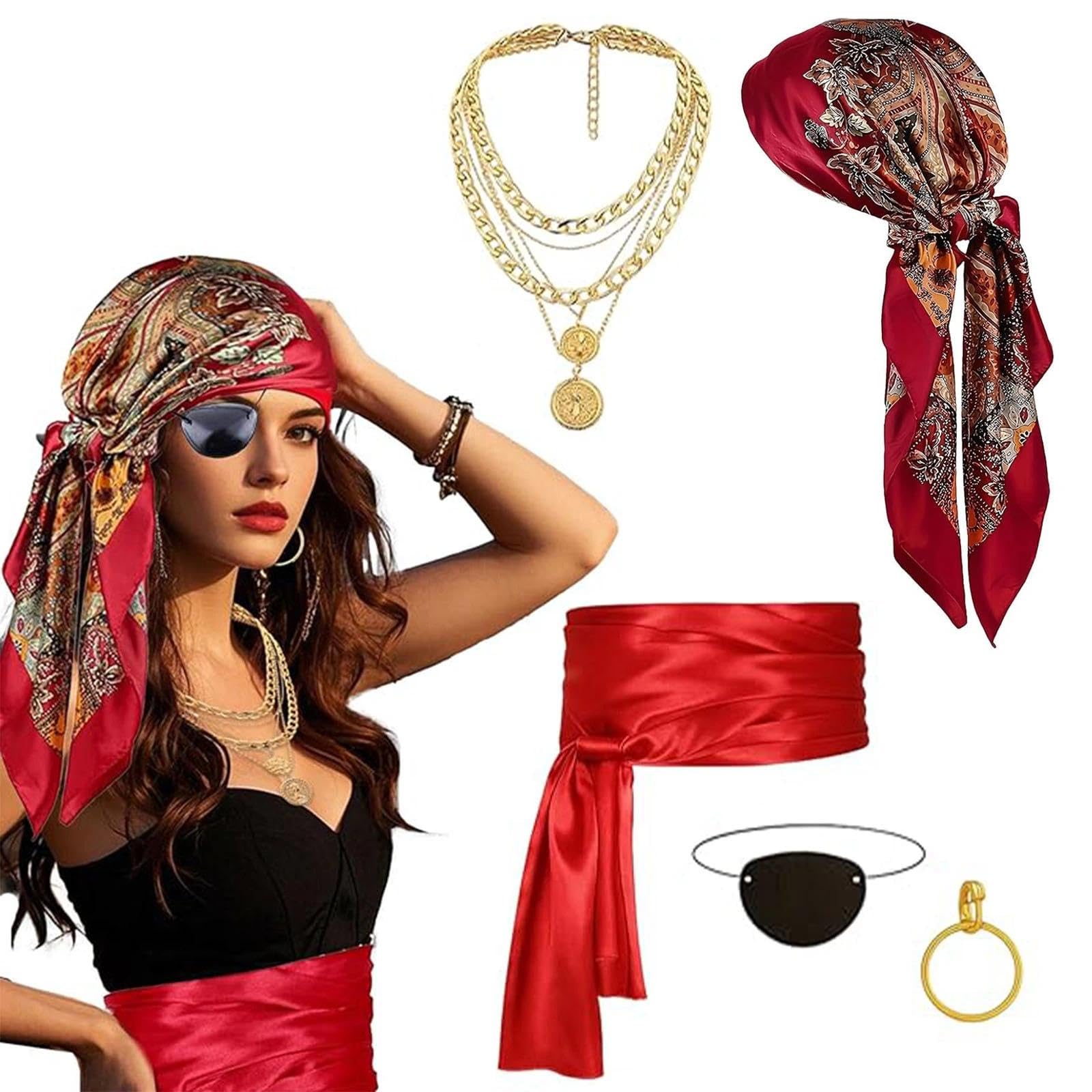 dinghaole 5 Pcs Pirate Costume Accessories Set, Pirate Accessories Set for Women pirates Headscarf, Belt, Eye Patch