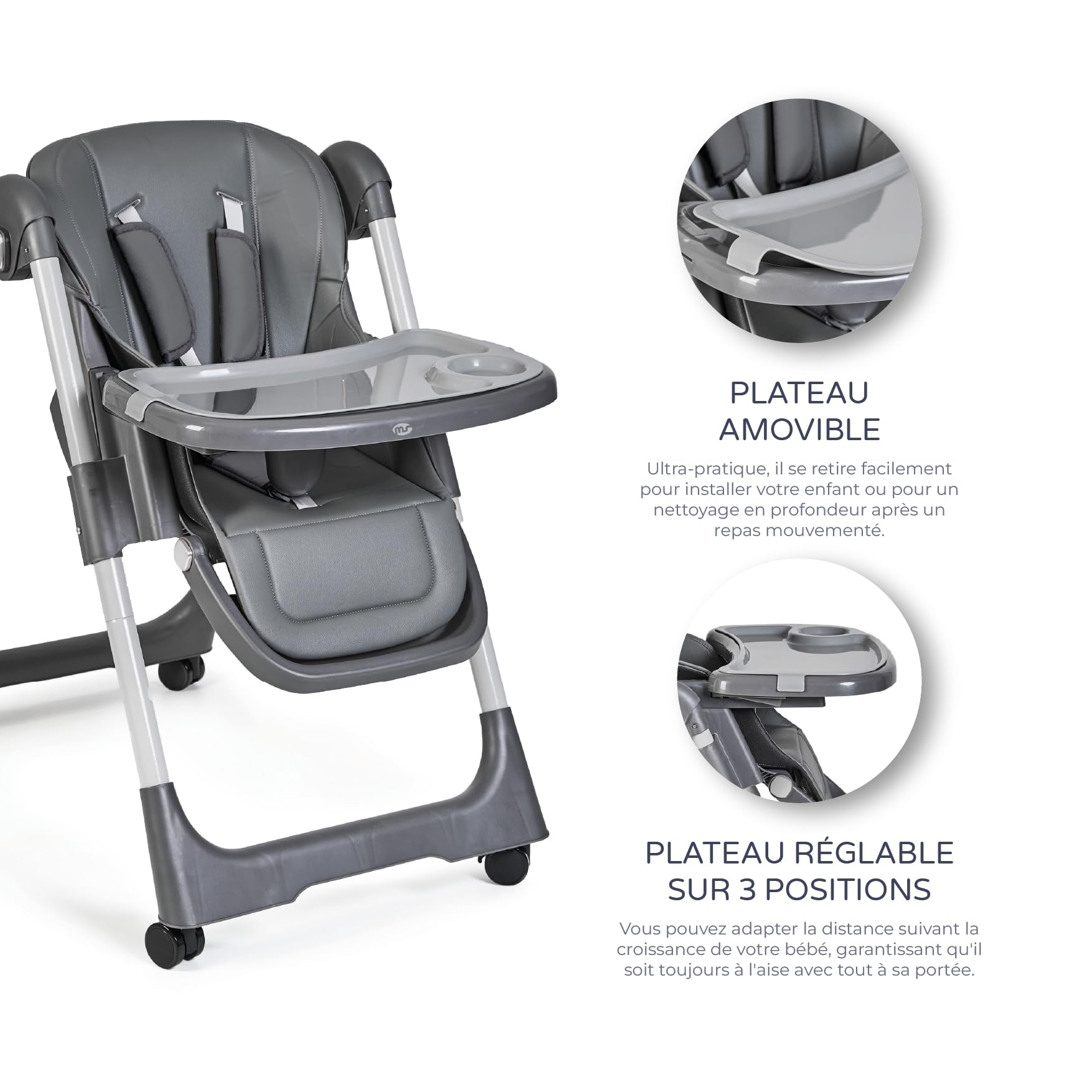 Ms BabyWorld - Chaise haute évolutive pour bébé Tasty | 7 positions de hauteur et 3 inclinaisons | Plateau amovible et repose-pieds réglable | Portable, pliable, jusqu’à 3 ans