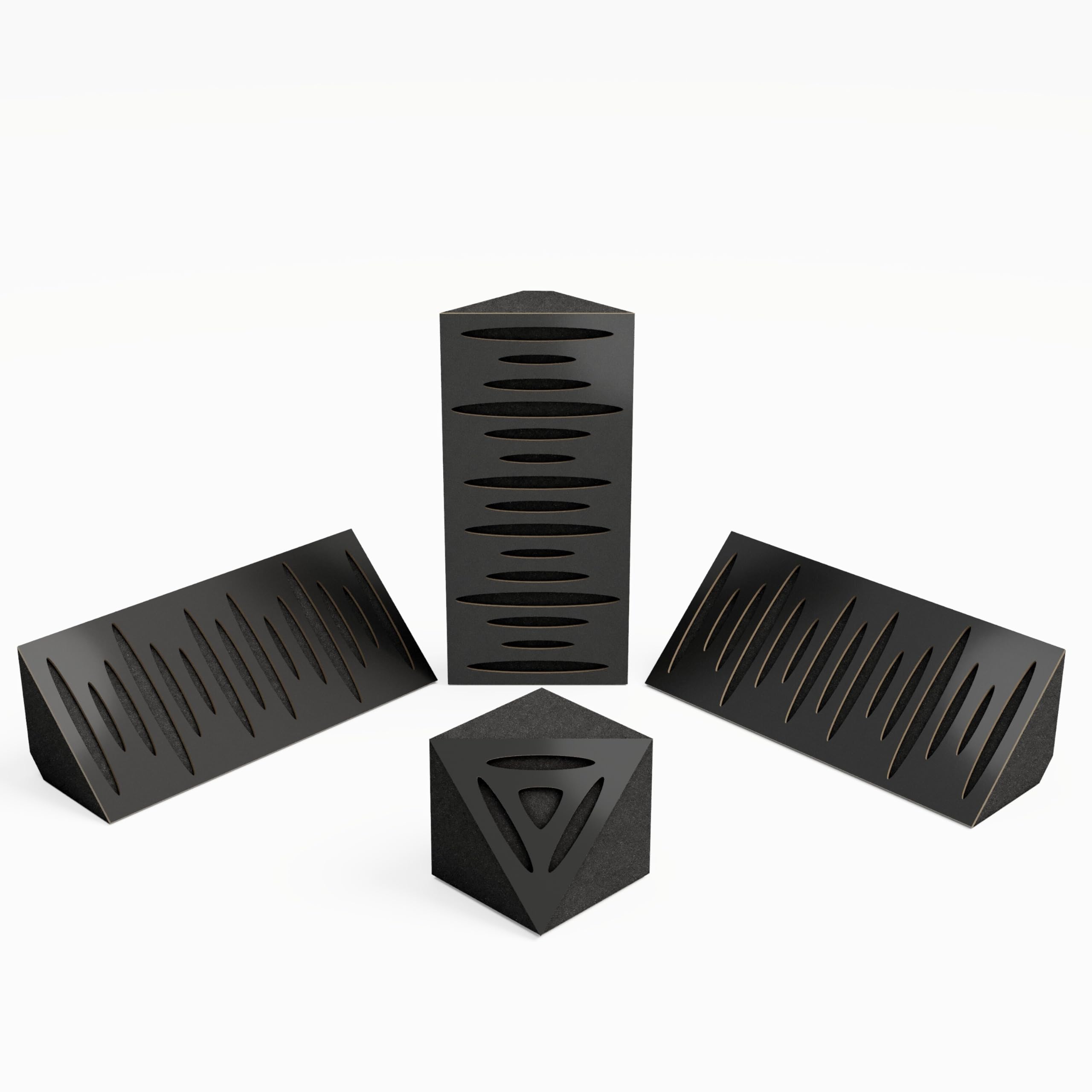 Kit de 3 mini pièges à basses « PULSE-mini » et d'un piège à basses cubique « TRICUB-PULSE » | Mousse acoustique avec plaque HDF laminée perforée | Couleur : (Noir, PULSE-m+cubPuls)