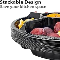 Vista 6 de 12 bandejas desechables para frutas, bandeja redonda de plástico para servir aperitivos con tapa, 5 compartimentos, platos de fiesta, recipientes