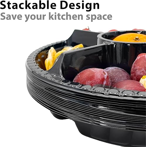 Miniatura 6 de Apatal 12 bandejas desechables para frutas, bandeja redonda de plástico para servir aperitivos con tapa, 6 compartimentos, recipientes divididos de