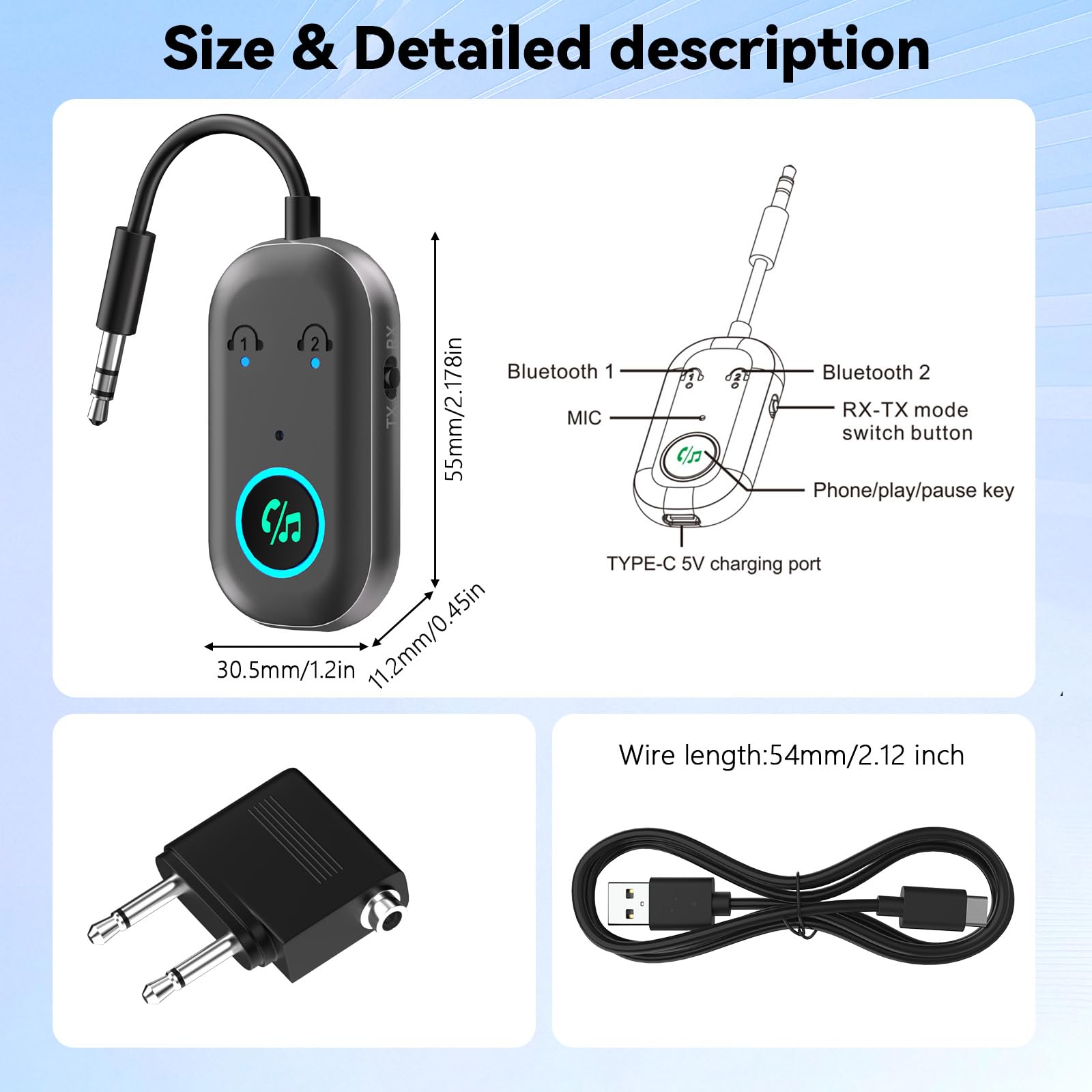 Obcxin Bluetooth Transmitter Empfänger, Bluetooth 5.3 Adapter 2 in 1, Bluetooth Sender Klinke 3.5mm, Blue-Tooth Splitter für 2 Kopfhörer wie Airpods für Kopfhörer,Auto, Audio System, TV - 3