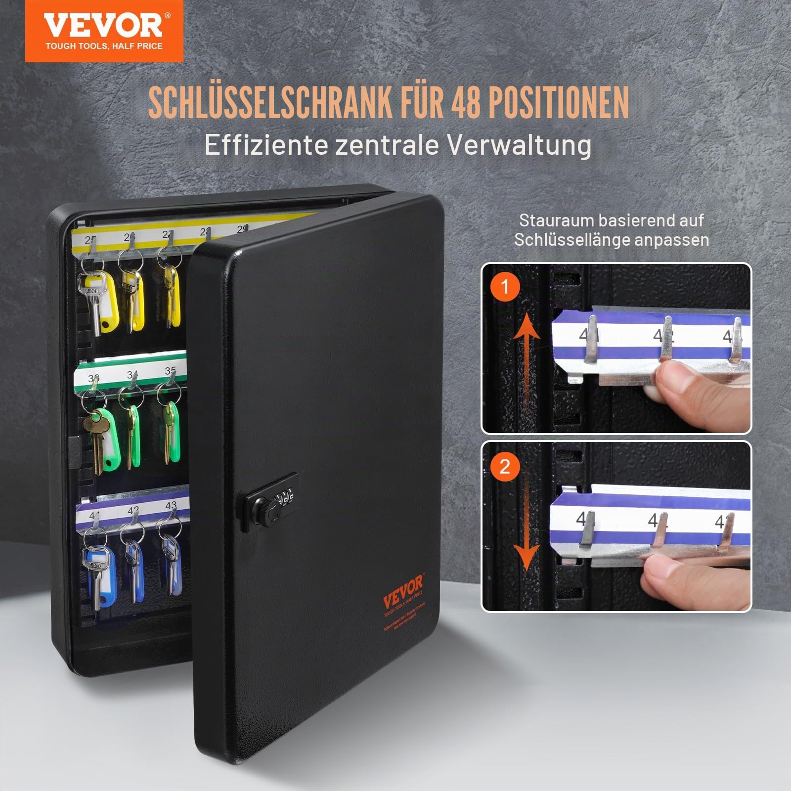 VEVOR Schlüsselschrank Schlüsselkasten 48 Schlüssel, Schwarz Schlüsselbox Schlüsseltresor Einstellbar, Abschließbarer Schlüsselschrank mit 6 x Schlüsselhaltern, 2 x Schlüsseln & 1 x Karteikarte