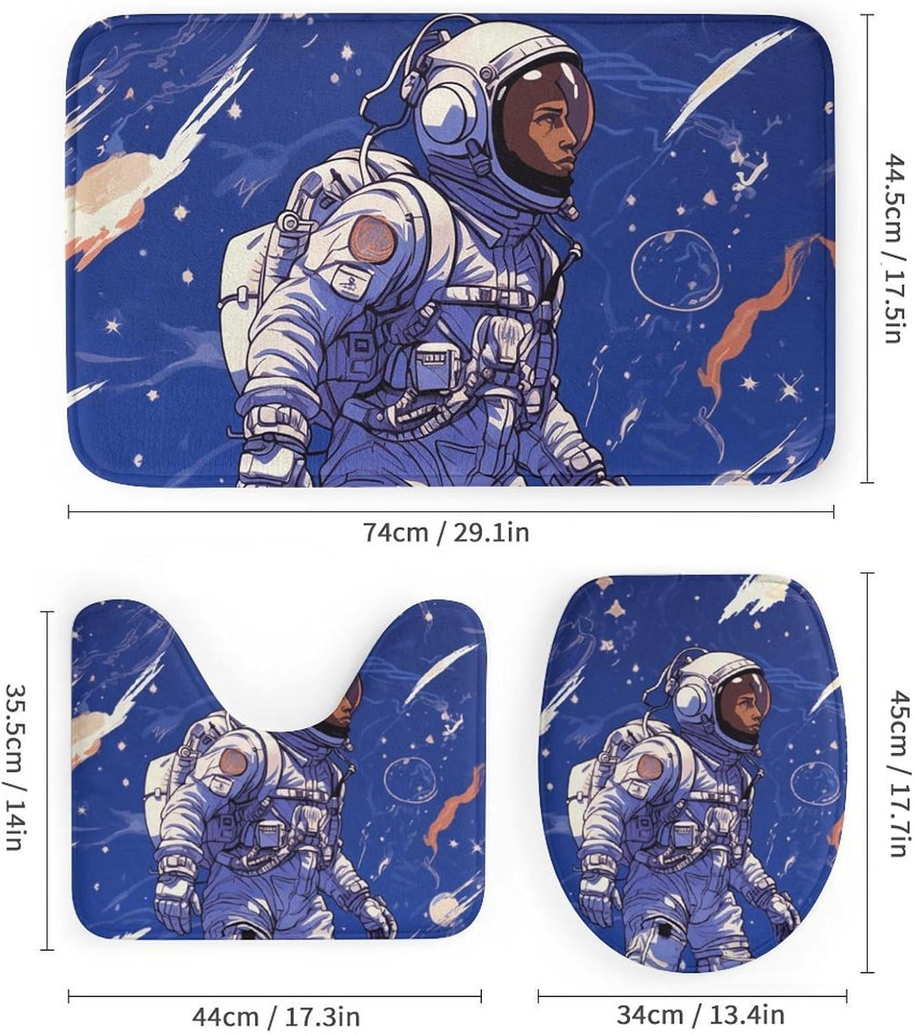 Black Astronaut on Blue Shower Curtain Set 4 Piece, Non-Slip Bath Mat with Toilet Lid Cover and Waterproof Shower Curtain with 12 Hooks, Complete Bathroom Set for Home Decor