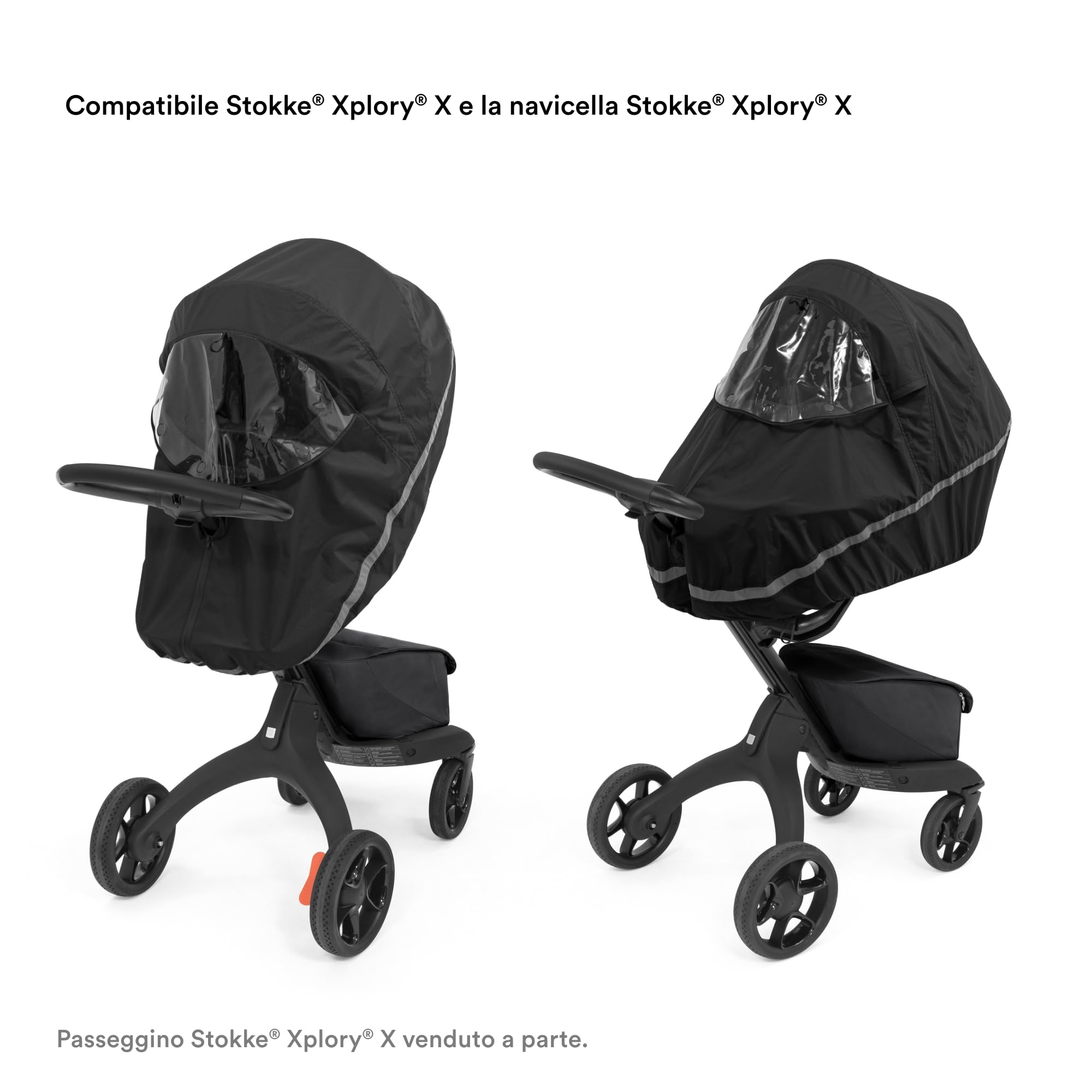 Parapioggia Stokke Xplory X, Nero - Mantiene asciutto il bambino - Facile da usare, Trasportare e Conservare - Ventilazione integrata, Ampia finestrella e catarinfrangenti per una maggiore sicurezza