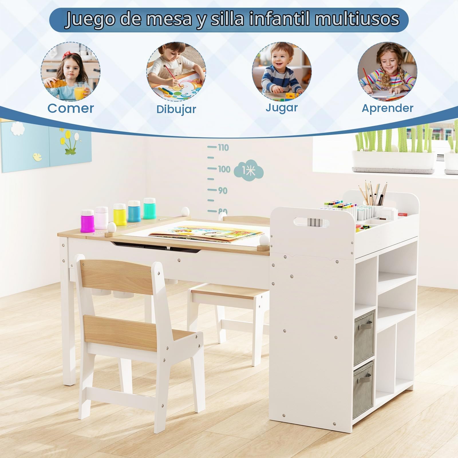 GOPLUS Mesa de Arte 2 en 1 con 2 Sillas, Juego de Sillas para Niños con Tablero de Mesa Plegable, Portarrollos de Papel, Barras de Presión y Estantes, Juego de Muebles Infantil (Natural)