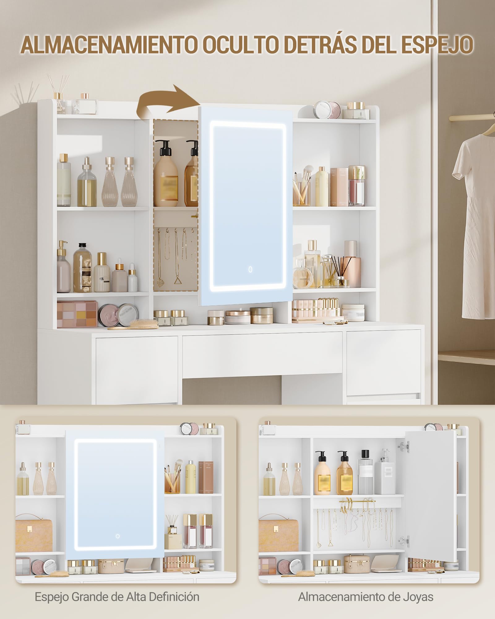 Hzuaneri 108 cm Tocador de Maquillaje Grande, Tocador con Luz LED Ajustable, Espejo, 7 Cajones, 4 Estantes, Almacenamiento Detrás del Espejo, Estilo Moderno, Dormitorio, Blanco DT43203XEU