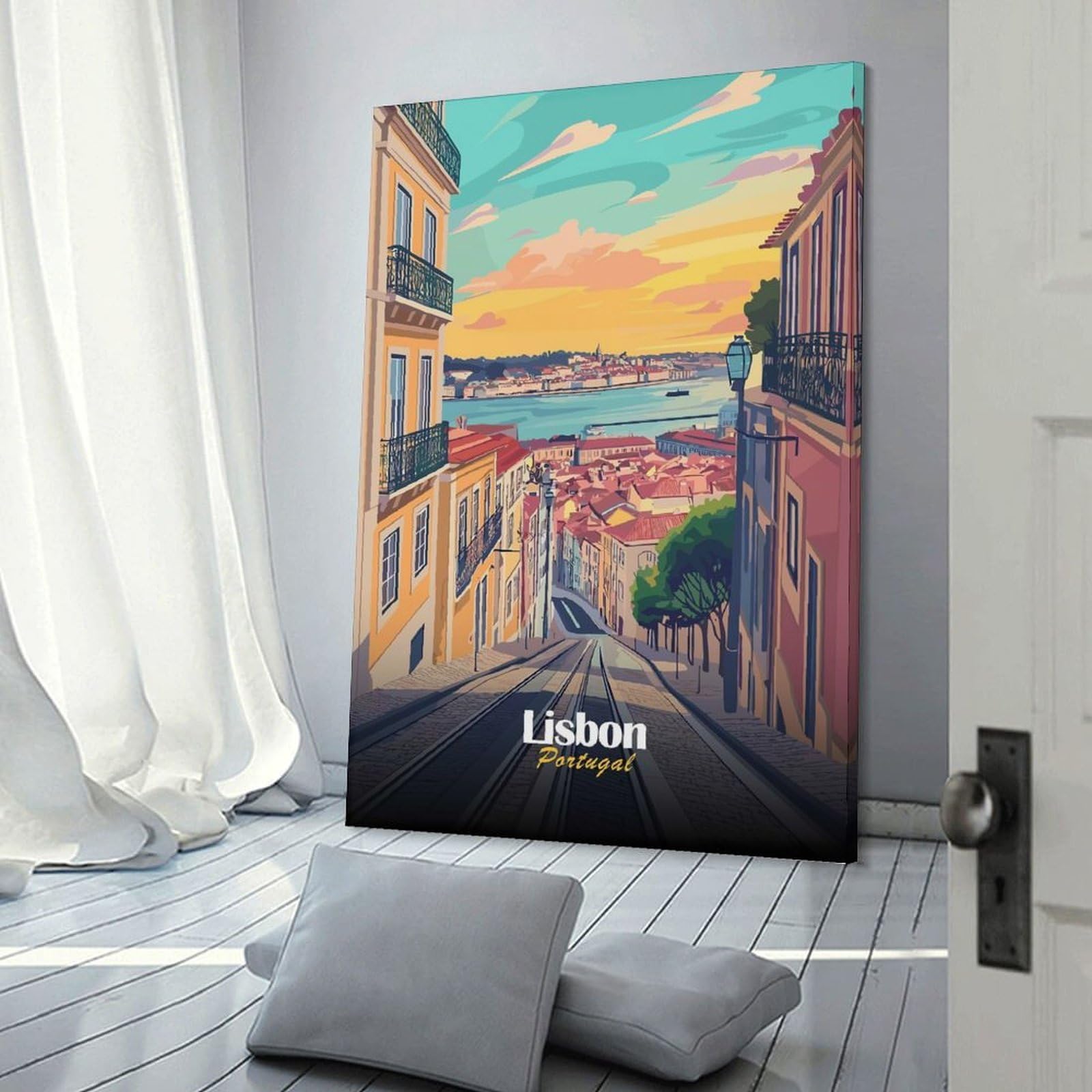 Junmoney Lisbon Cityscape Canvas Wall Art, 20x30inch(50x75cm), for Wall Displays, Bedrooms Or Room Updates, Ideal for Building A Coordinated Art Wall
