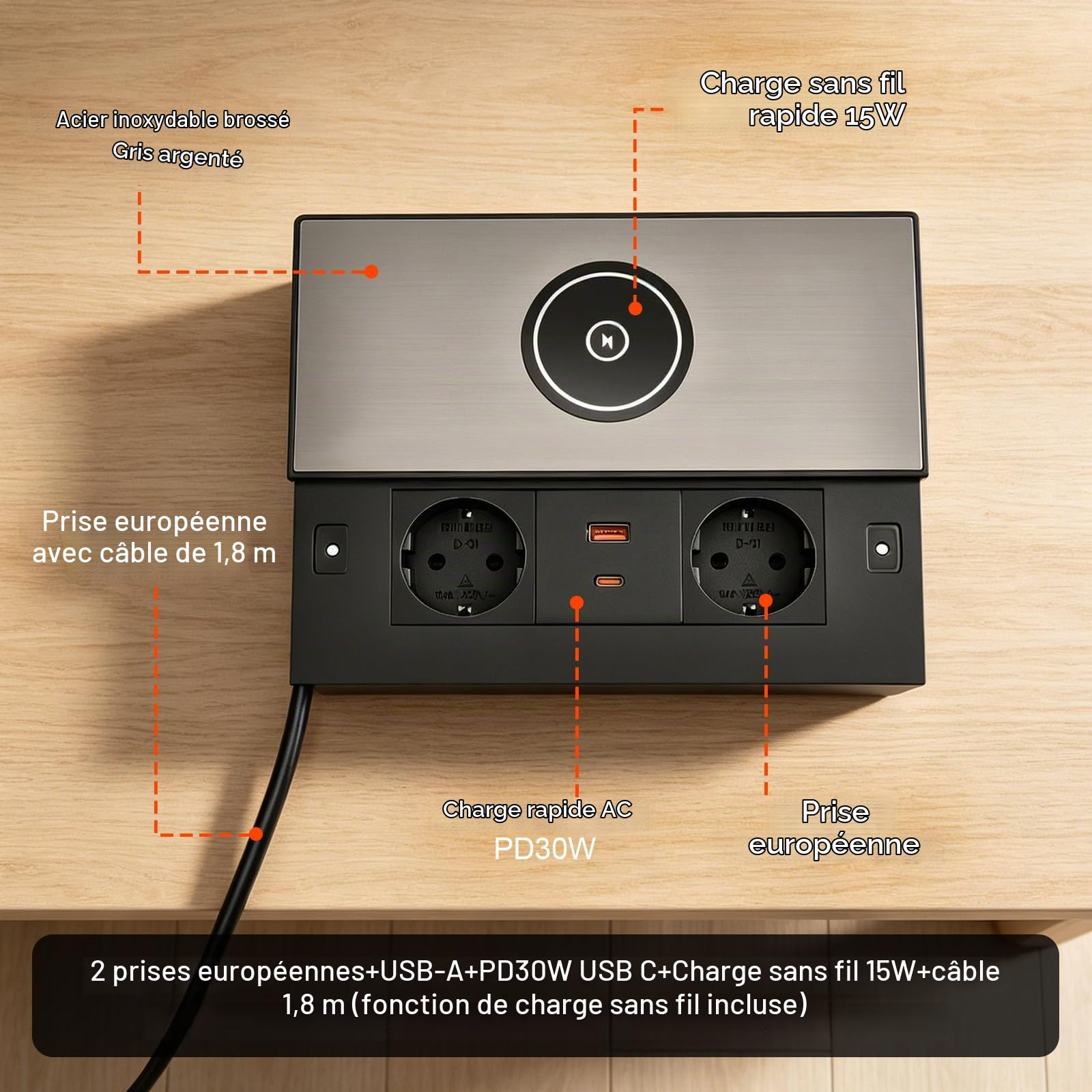 Prise Encastrable Escamotable 2 Prises avec Couvercle, USB-C PD 30W et USB-A, Bloc Prise Encastrable pour Plan de Travail avec Charge sans Fil, pour Bureau, Cuisine, Table de Réunion, Câble 1,8 m