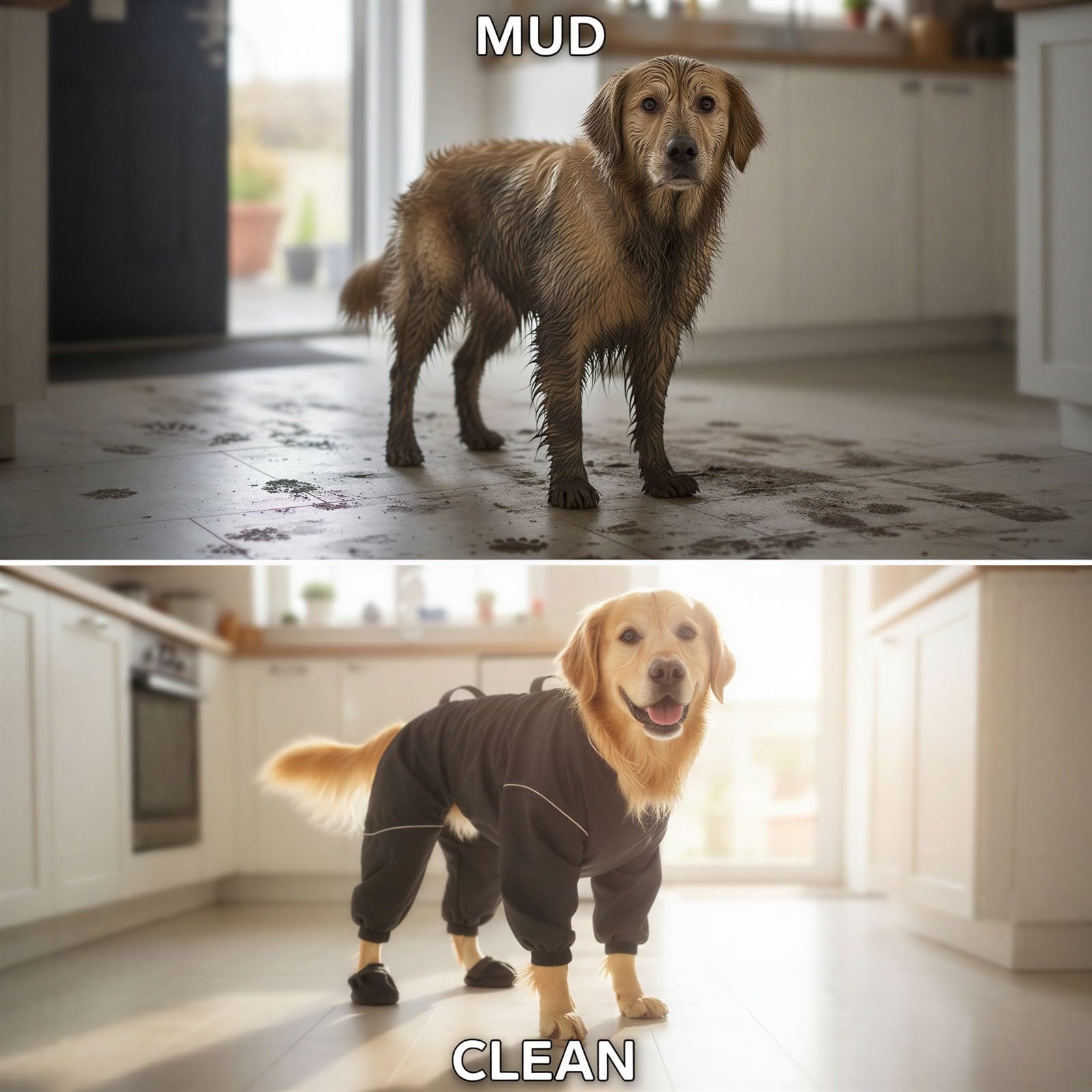 Hundeschneeanzug mit integrierten Stiefeln, Ganzkörper Regenmantel, wasserdichte Pfotenschützer für kleine und mittelgroße Hunde, schwarz, Größe 2XL