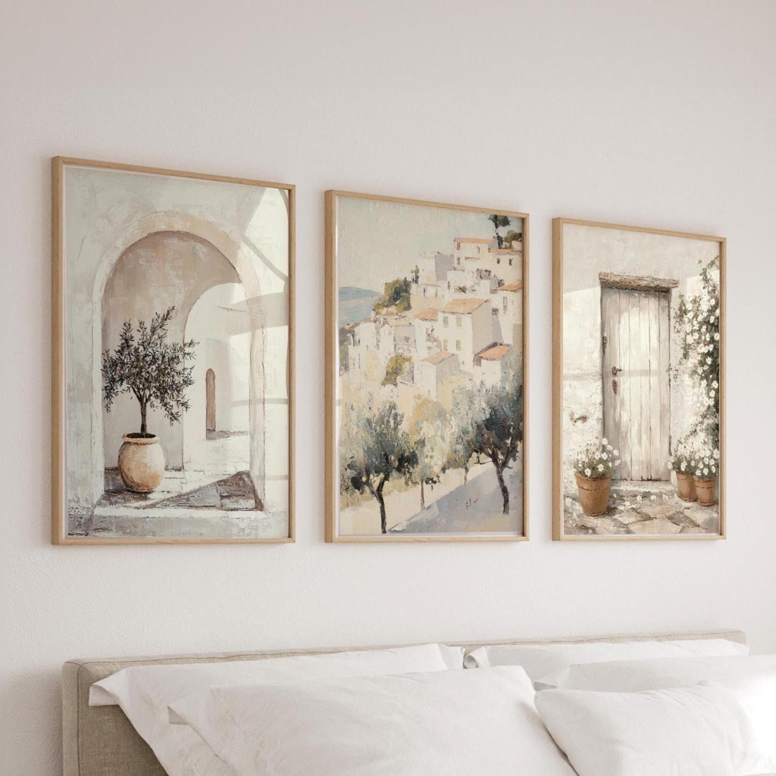 ZBELLO Set of 3 Neutral Tuscan Village Wall Art Prints, Watercolor Italian Olive Tree Arch Door Mediterranean Town Posters, Boho Decor for Bedroom Living Room, Unframed (40×50 cm)