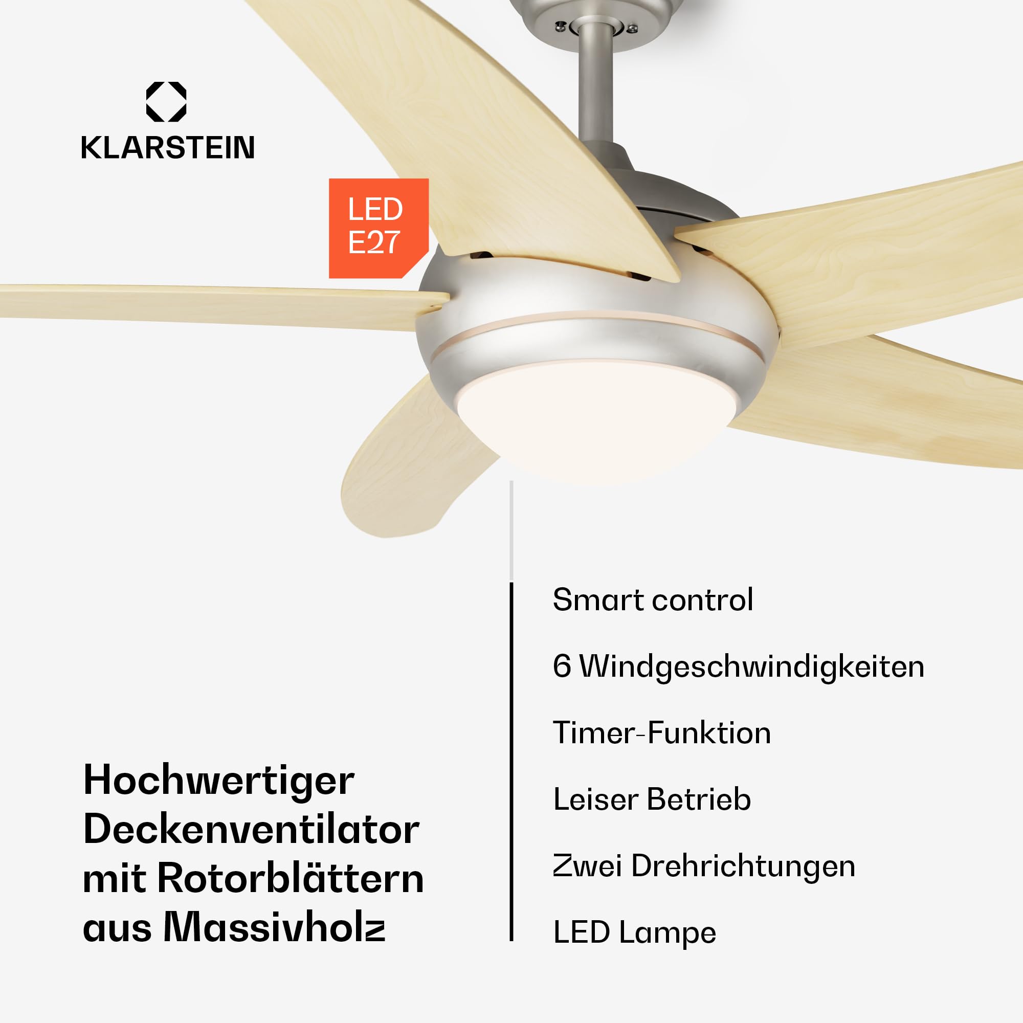 Klarstein Bolero Deckenventilator Mit Beleuchtung – Smart App & Fernbedienung, 132cm, 6 Geschwindigkeiten, Sommer & Wintermodi, Leise, Energieeffizient, E27 Fassung