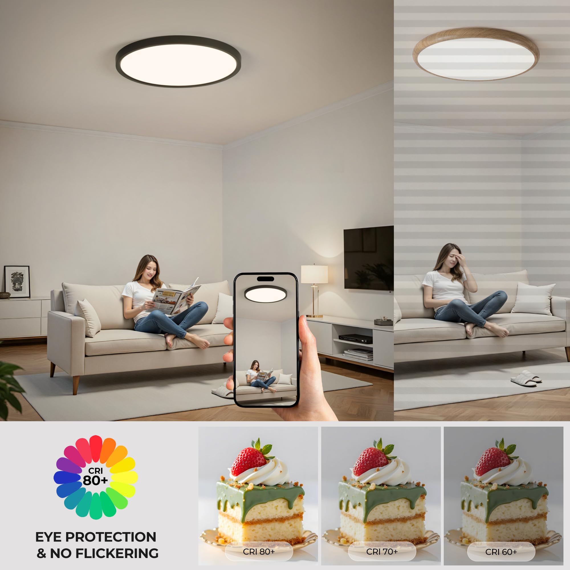 OTREN Lampa sufitowa LED do ściemniania, 48 W, 4800 lm, z pilotem, trybem nocnym i funkcją pamięci, 3000 K–6500K, wodoodporna IP44, do łazienki, salonu, kuchni i sypialni, 40 cm