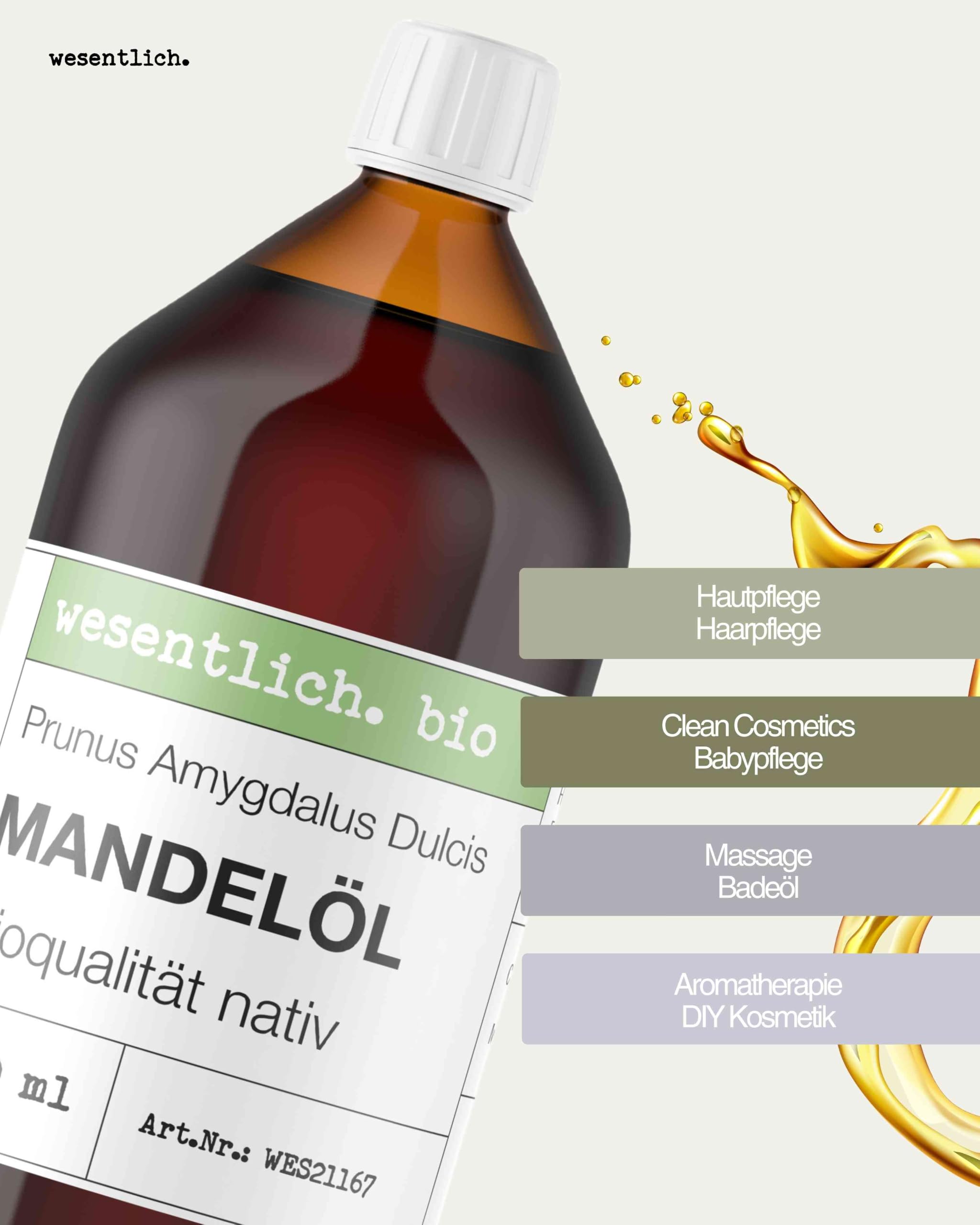 wesentlich. Mandelöl BIO kaltgepresst | für Kosmetik, Haare und Gesicht | Baby Pflege und Basis für Badeöl und Massageöl | 1000ml