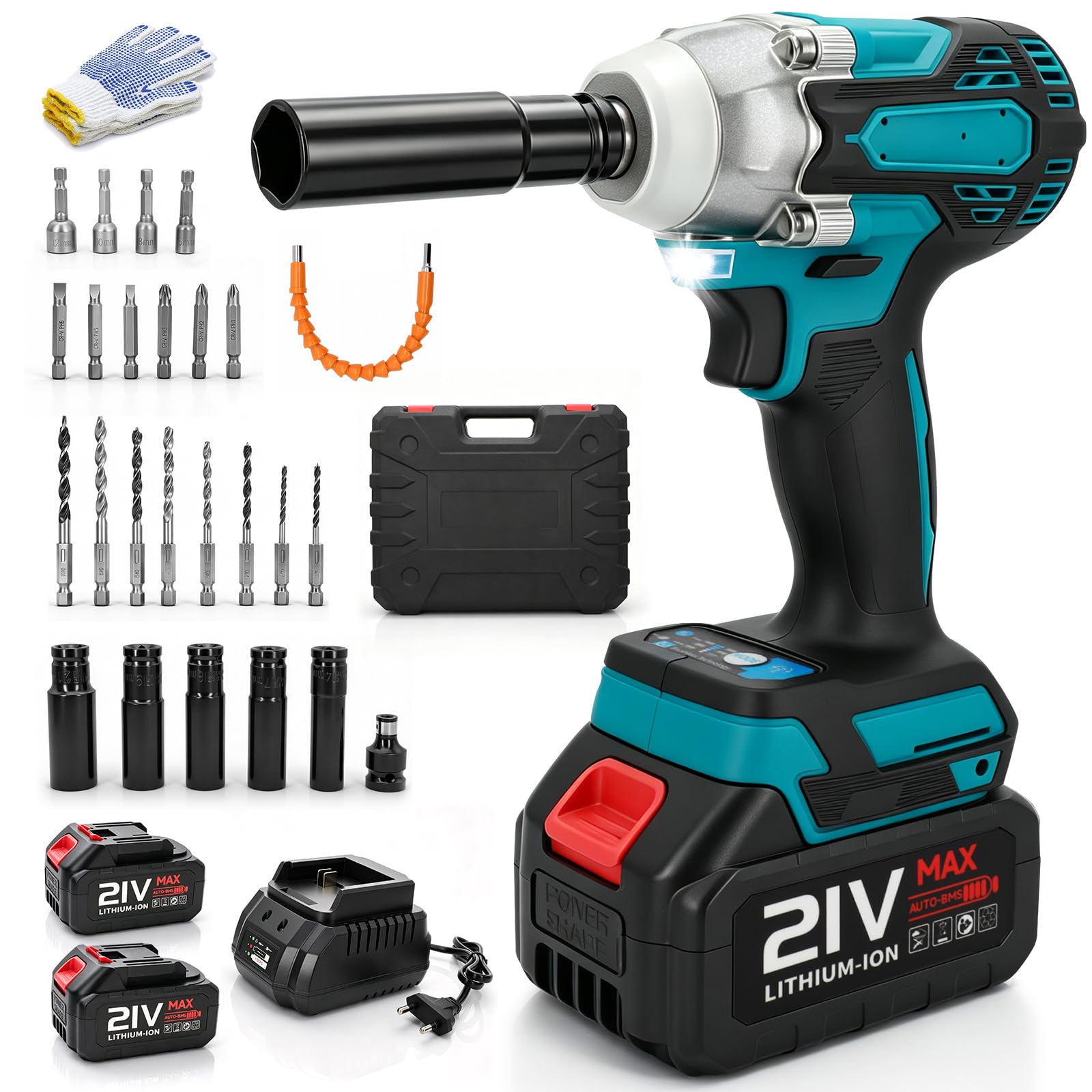 Avvitatore a Impulsi 1000Nm 3-in-1 1/2" con 2 Batterie 4Ah e Caricabatterie | Motore Brushless Silenzioso. Spegnimento Anti-perdita. LED per Aree Buie. 3 Funzioni: Trapano, Avvitatore, Chiave a Impulsi