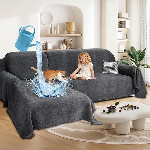 Juego de 2 fundas de sofá modulares 10% impermeables para perros, de chenilla, en forma de L, 2 piezas, con borlas, protector suave y lavable para