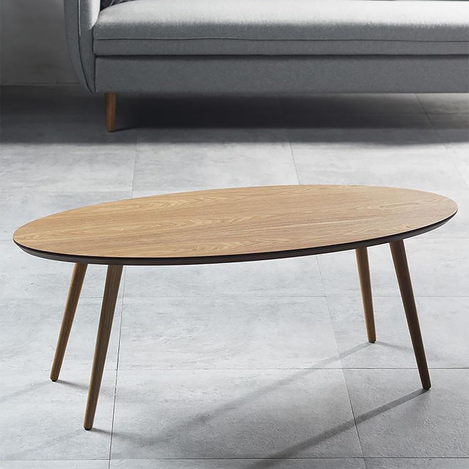 Nowoczesny owalny stolik kawowy z połowy wieku z rustykalnym wzorem wiejskiego stołu MDF i nogami z litego drewna idealny do salonu, sypialni i biura 45 cm wysokość 120 cm x 60 cm wymiary