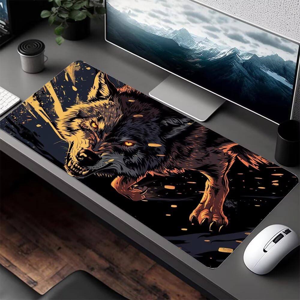 Czarna podkładka pod mysz, wilk podkładka pod mysz dla graczy XXL 1200 x 600 x 3 mm wodoodporna antypoślizgowa podkładka pod mysz ze szwami na krawędziach - pod ręką akcesoria biurowe, dla graczy