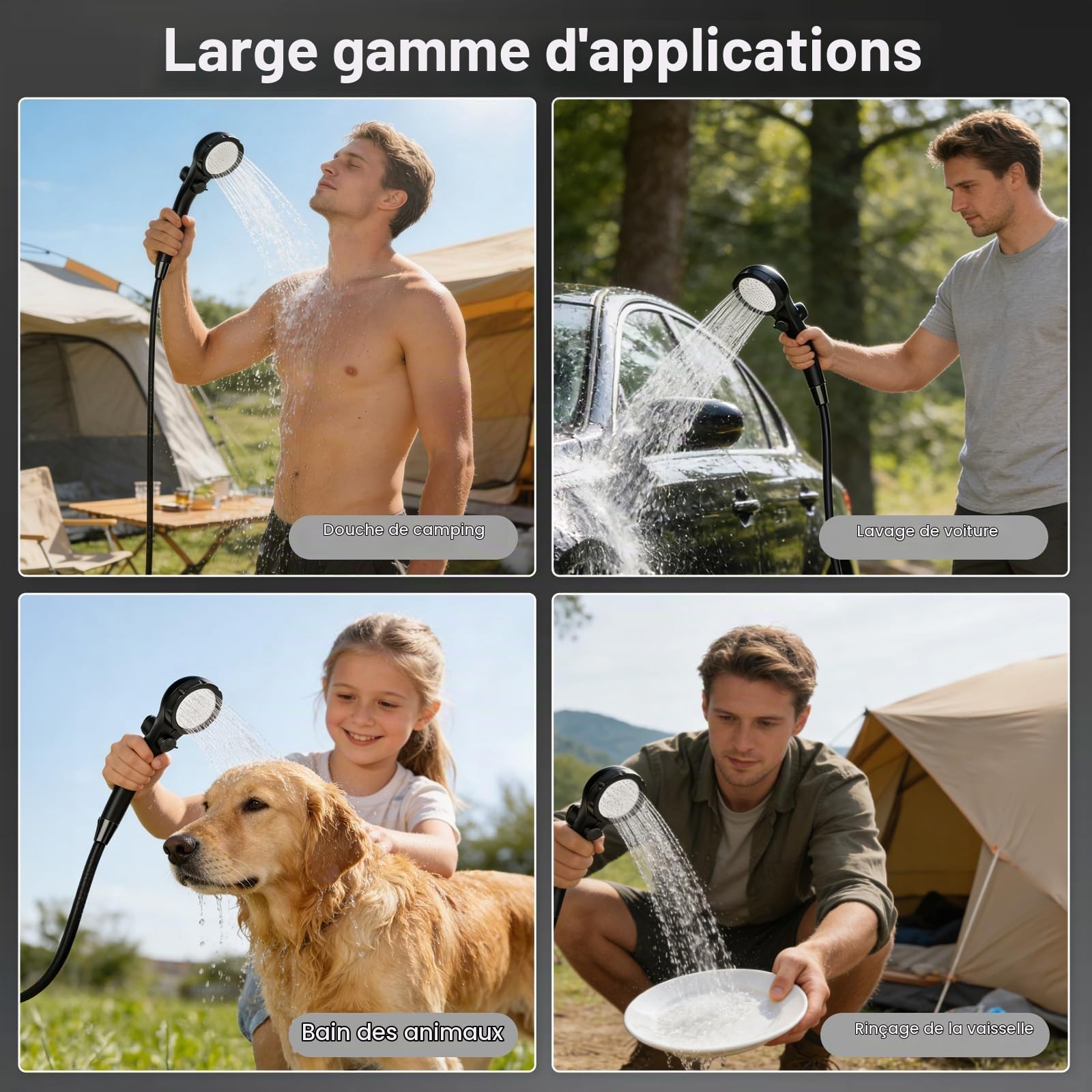 Douche de Camping avec Chauffe-eau, Douche de Camping Rechargeable 6000mAh avec Chauffe-eau à Immersion 2000W, Écran LED, Douche Extérieure Chauffante pour Voyage, Randonnée, Voiture, Animaux
