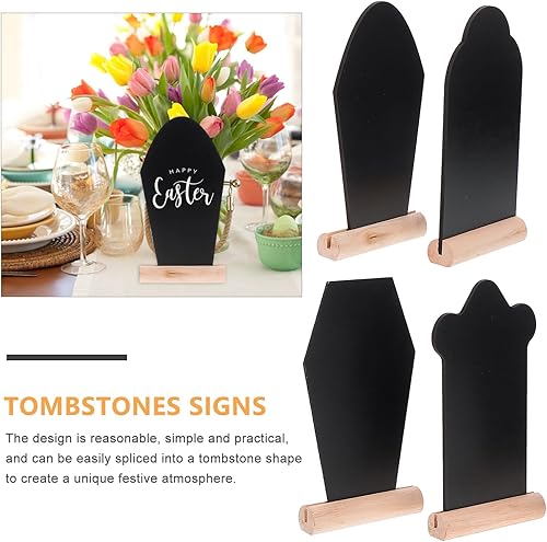 Miniatura 5 de Amosfun 4 letreros de pizarra de doble cara con base de madera en forma de lápida para tiendas, bodas, cocina, hogar, decoración de fiesta de