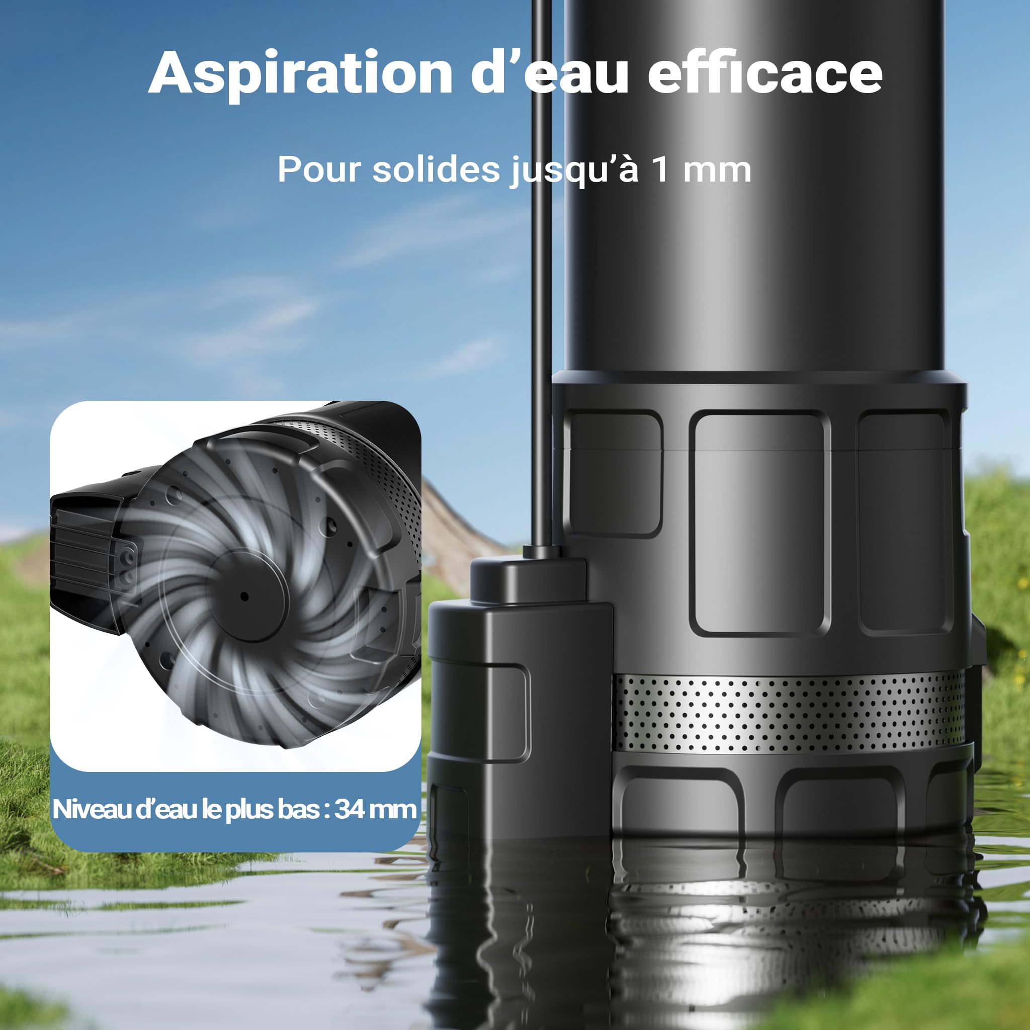 Wiltec Pompe à eau immergée 1200 W – 6000 l/h – Refoulement max. 40 m, profondeur max. 7 m – Détecteur anti-marche à sec, Interrupteur à flotteur, Thermorégulateur – Pompe submersible