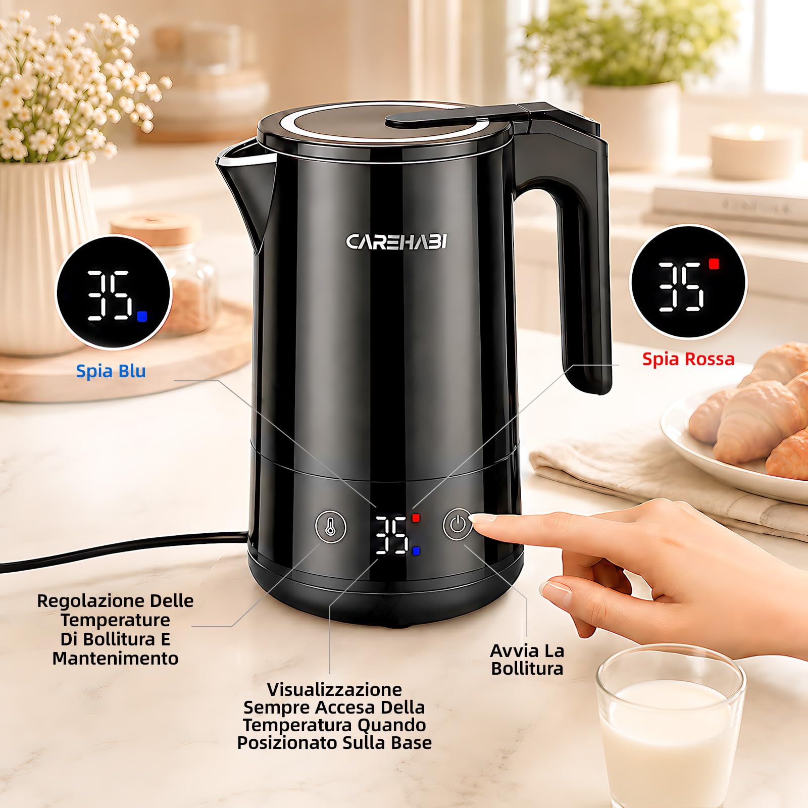 Bollitore Elettrico Temperatura Regolabile 1.7L, 2200W Senza BPA | Bollitore Elettrico con Schermo e Controllo Temperatura Mantenimento del Calore 12 Ore Interno in Acciaio Inossidabile 304