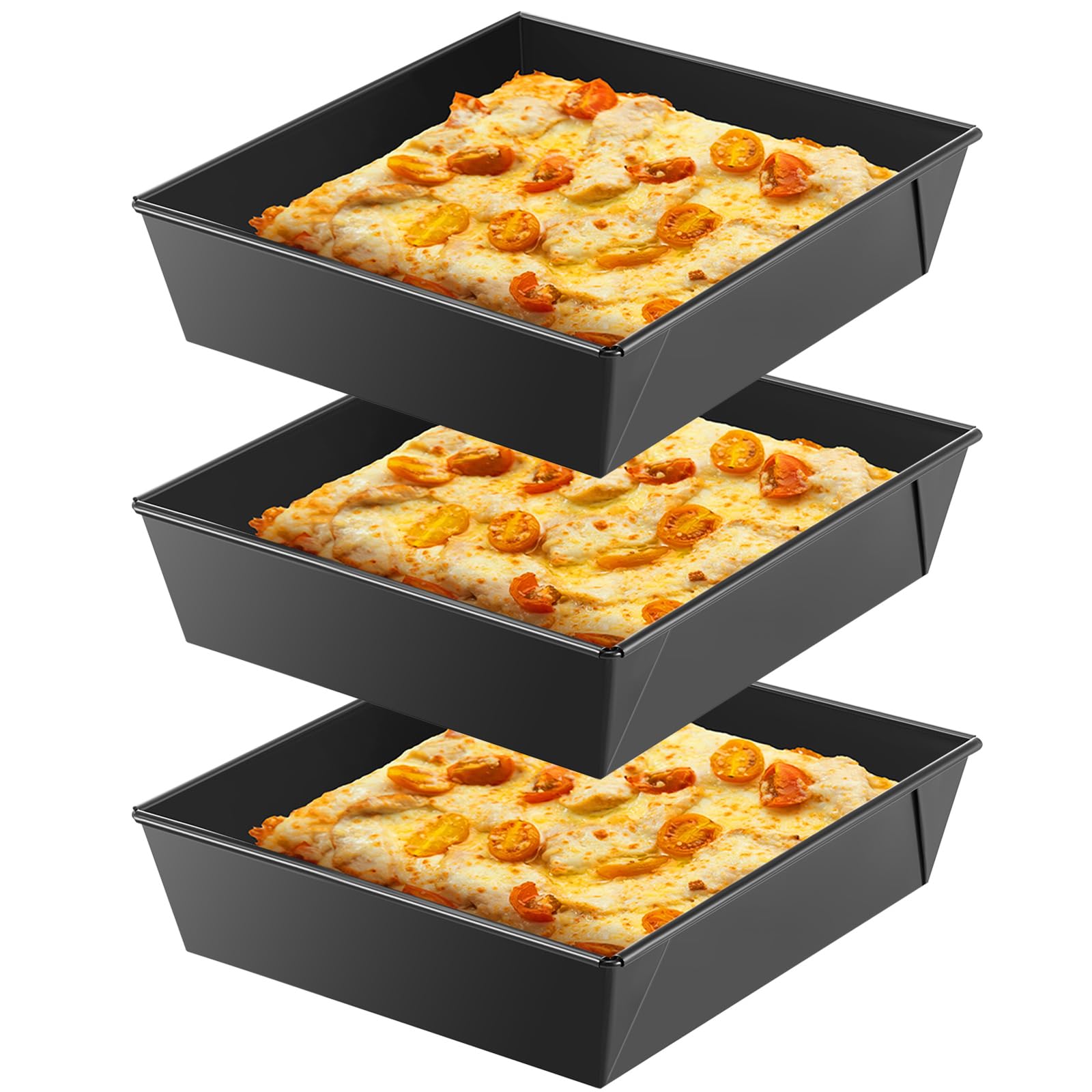 3 Pcs Detroit Style Pizza Pan 9.5 x 9.5 x 2.56 Inch Non Stick Rectangle Deep Pizza Pans Pre Seasoned Sicilian Style Pan Dish Bakeware Kitchenware (Black)