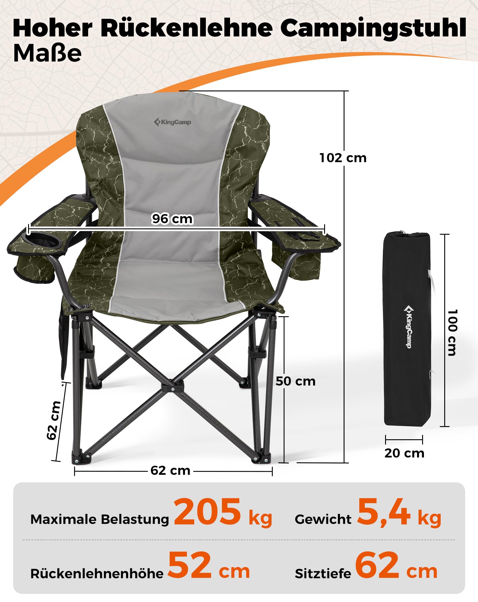 KingCamp 2er XXL Campingstuhl Faltbar bis 205 kg, Übergroßer Camping Stuhl Klappbar Gepolster mit Verstellbarer Rückenlehne Kühltasche Getränkehalter, Klappstuhl Camping mit Hochlehner Bequem, Grün
