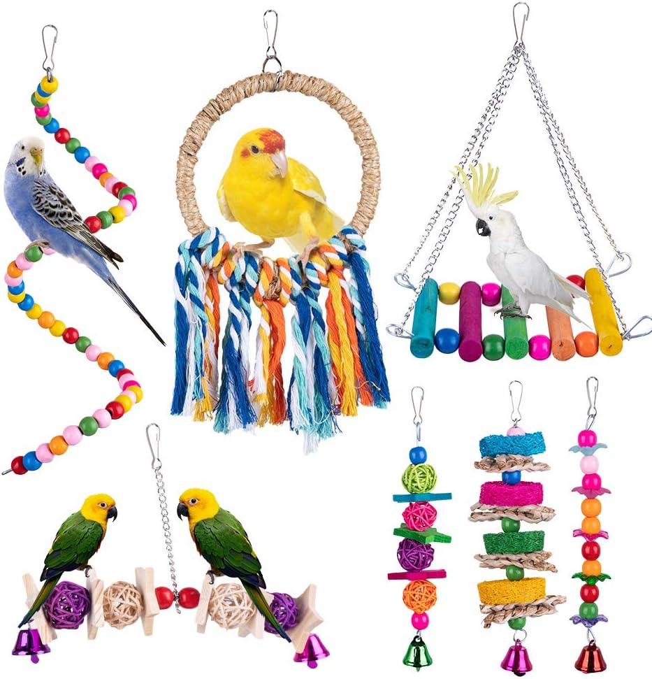 7pcs Bird Parrot Swing Toys,Hanging Bell-Colorful Chewing Toys with Hammock for Small and Medium Bird Parakeets…