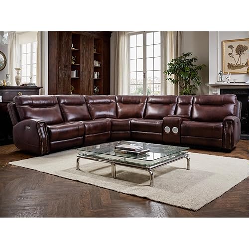Top Grain Leather Living Room Recliner Sectional Set, USB Charging Port, Convertible Electric Recliner for House, Living Room, The Office (Brown)