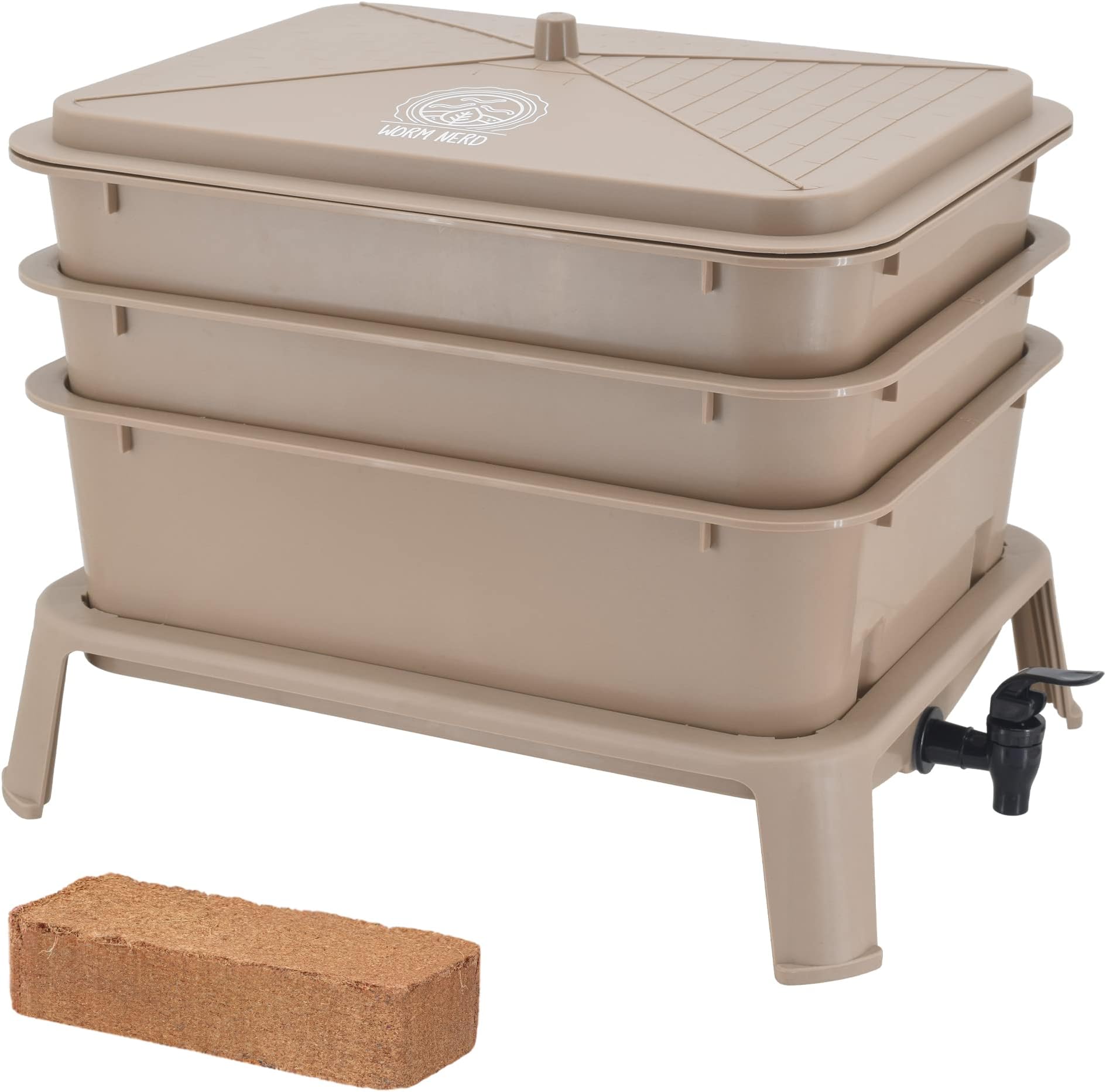 Worm Nerd WN53 4-Tray Worm Composting Bin Kit with Coco Coir Brick for Recycling Food Waste, Worm Castings, Worm Tea, Vermiculture and Vermicomposting, Tan