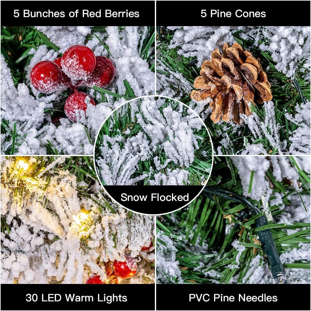 Christmas Wreaths for Front Door, DECSPAS 24 Inch 2 FT Prelit Snowy Flocked Christmas Wreath with Timer 30 LED Lights Bow Red Berries Pine Cone, Xmas Wall Windows Decorations Home Decor Outdoor Indoor