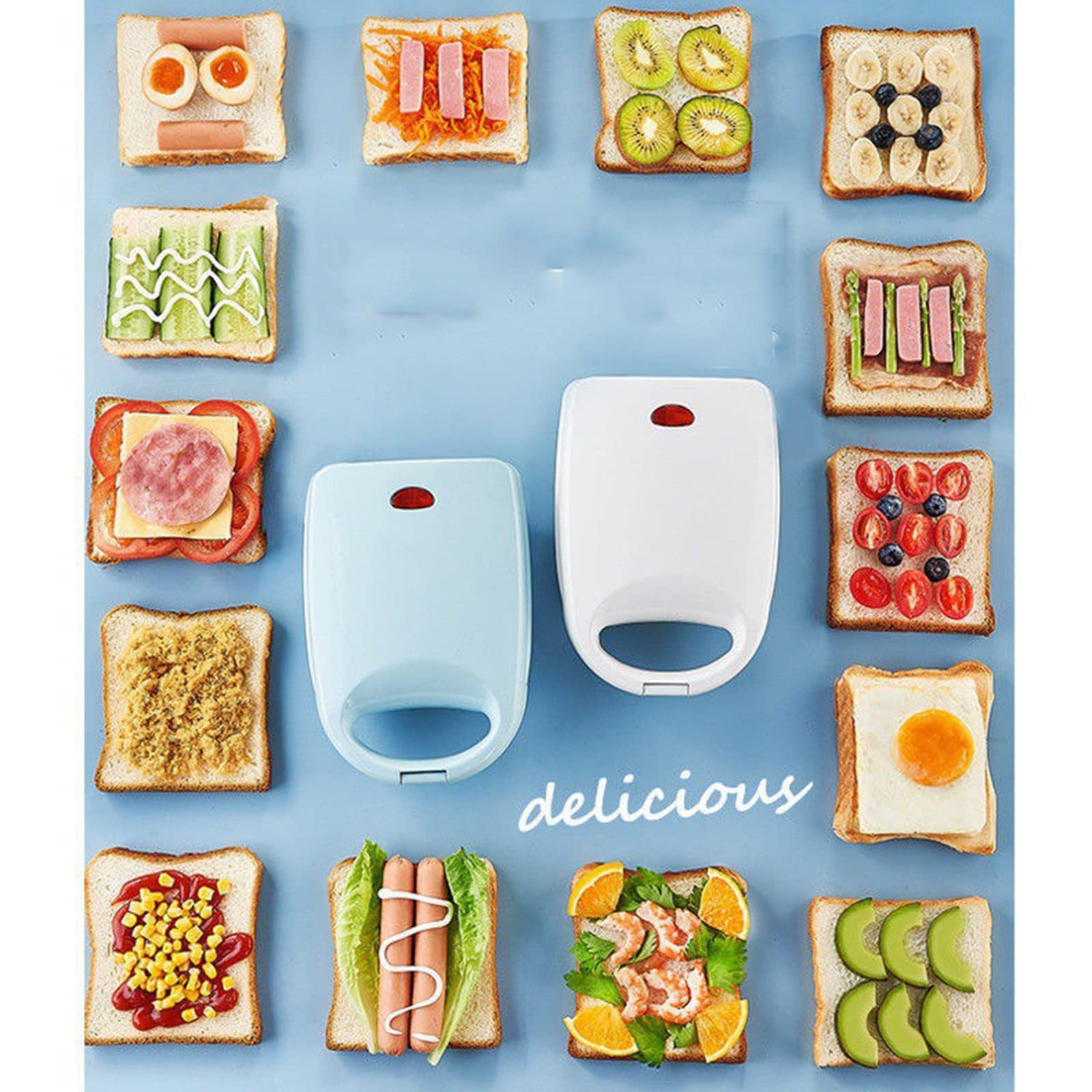 Sandwichera de pan Mini comida ligera Waffle Muffin Máquina de desayuno Huevo Tortilla Pan Tostadora a presión Parrilla Panini Horno Calentador,Blue