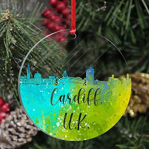 Miniatura 3 de Acrylic Ornament Blanks Colorful City Silhouette United Kingdom Cardiff Personalized Acrylic Glass Ornament with Hole Religious Christmas Keepsake