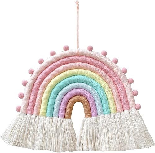 Miniatura 1 de Decoración grande de macramé para colgar en la pared, guirnalda de pompones hecha a mano, decoración de arco iris para habitación de niños, niñas,