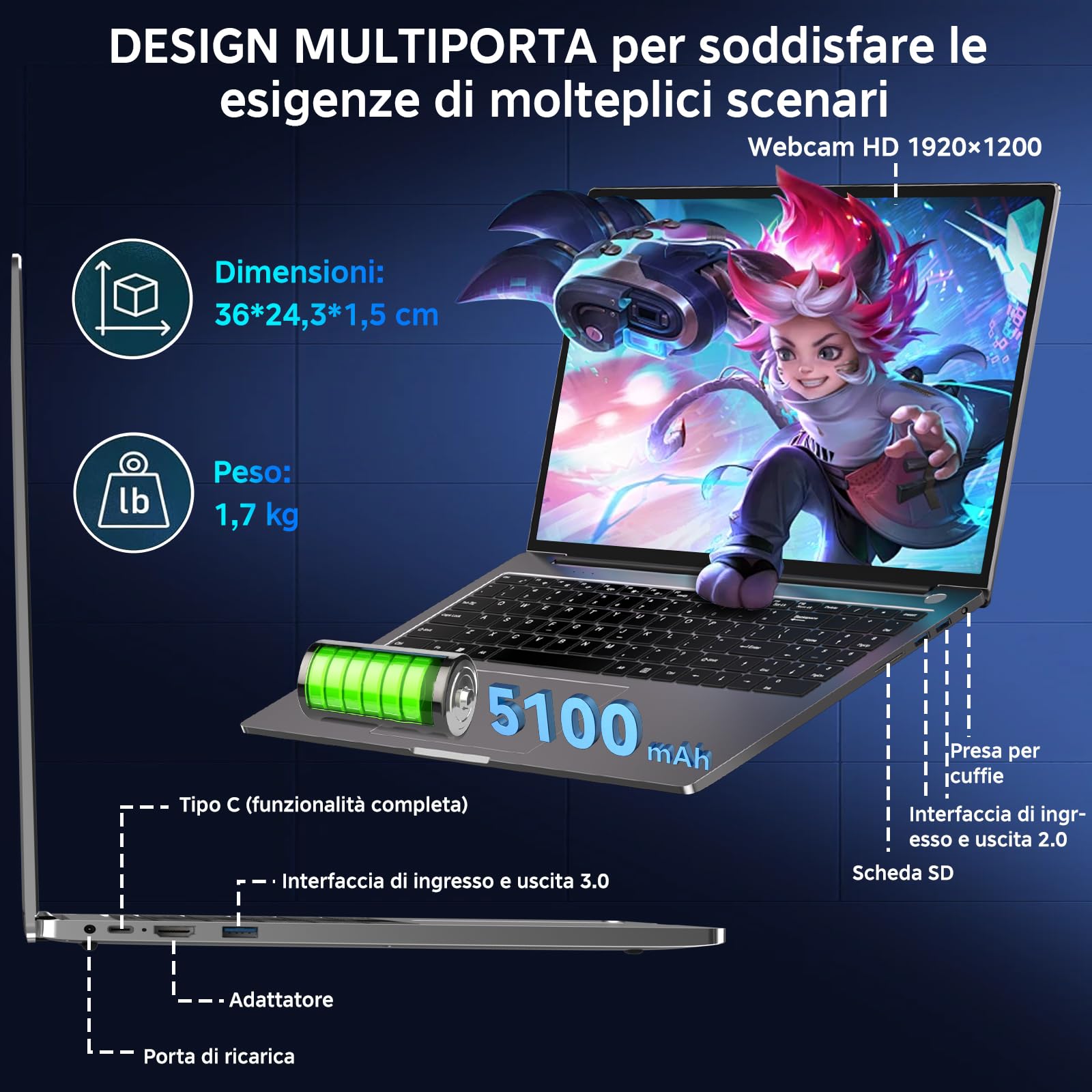 bvate PC Portatile Gaming 16" Core i3 16GB RAM SSD Espandibile Argento Grigio | Schermo IPS 1920×1200 FHD+, CPU fino a 3,2GHz, 5G WiFi, Mouse e adesivi tastiera italiana inclusi