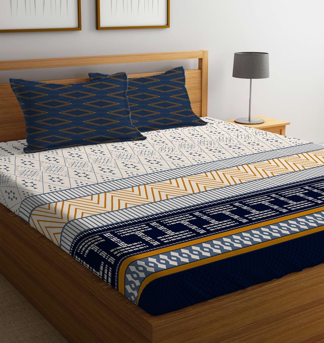 LOOMLYFE 300 TC Printed Microfiber XXL Soft Cotton Super King Size Bedsheet for Double Bed, King Size 108 Inches X 108 Inches, 9 Feet, 275 X 275 cm with 2 Large Size Pillow Covers - BlueT