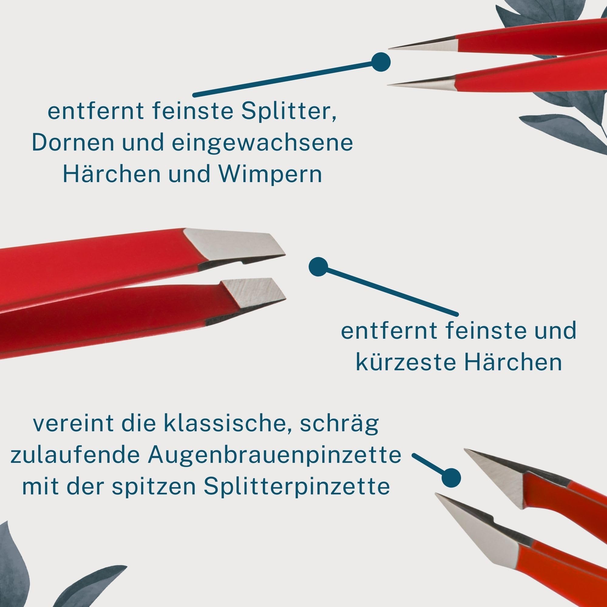 REMOS Pinzetten Set 3-teilig mit Augenbrauen-, Splitter-& Kombipinzette in Rot