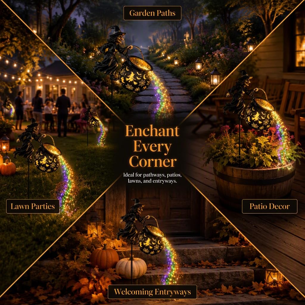 Hexenlampe Halloween Hexenkessel Gartenlicht Lichterkette Halloween Leuchtender mit Projektorleuchten und Pfahl, Antasievolles Design Gartendeko für Hof Rasen Veranda Party Deko，3PC