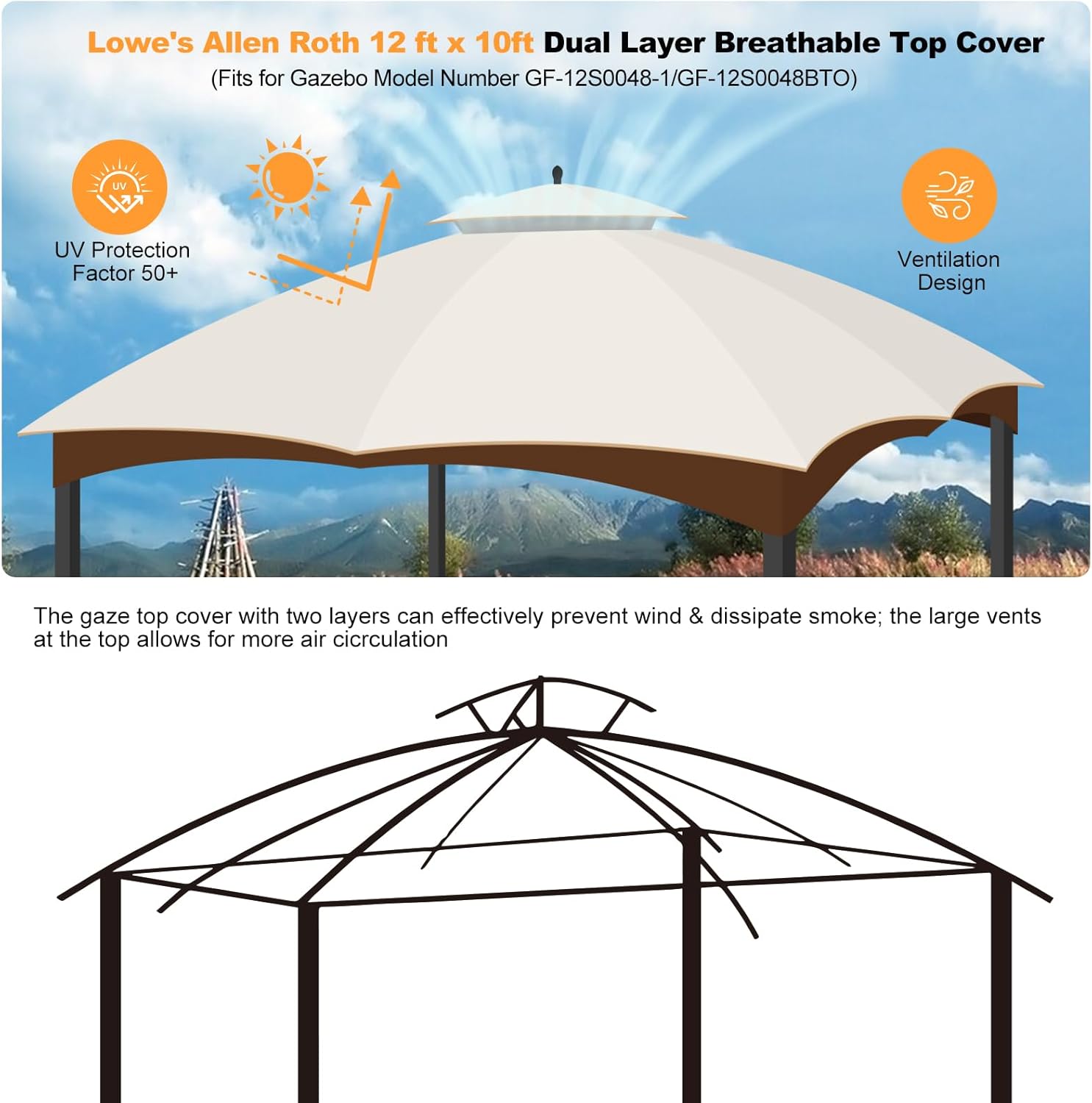10 x 12 Replacement Gazebo Canopy Top for Lowe's Allen Roth Gazebo, Double-Tier Gazebo Roof Cover with Air Vent,Heavy Duty Canopy Roof Gazebo Top 10X12 Gazebo Cover (Beige A)