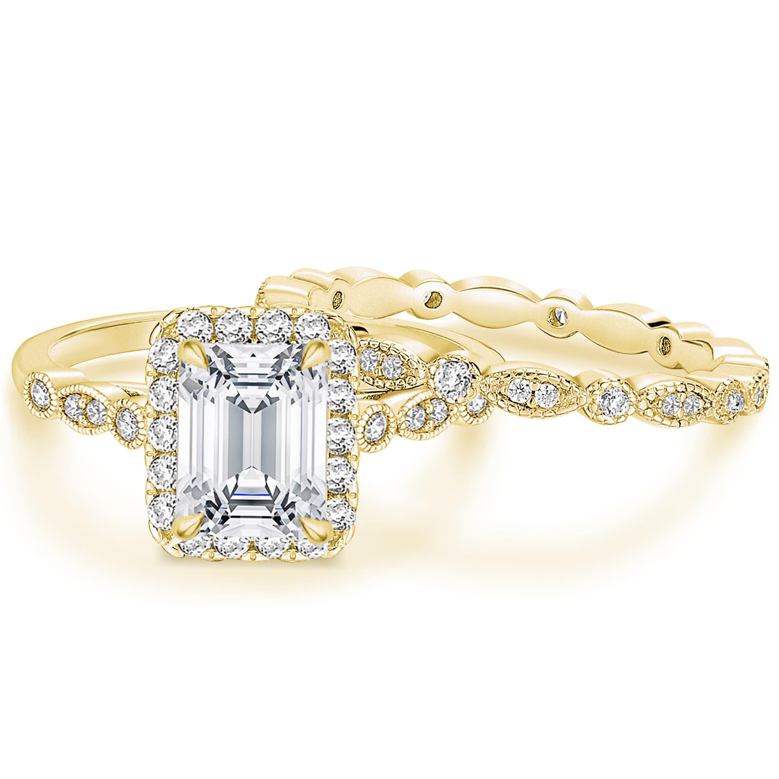 EAMTI 2CT Bridal Ring Sets Emerald Cut CZ Promise Engagement Rings Marquise Wedding Bands for Women Travel Ring 14K Gold Plated Size 7