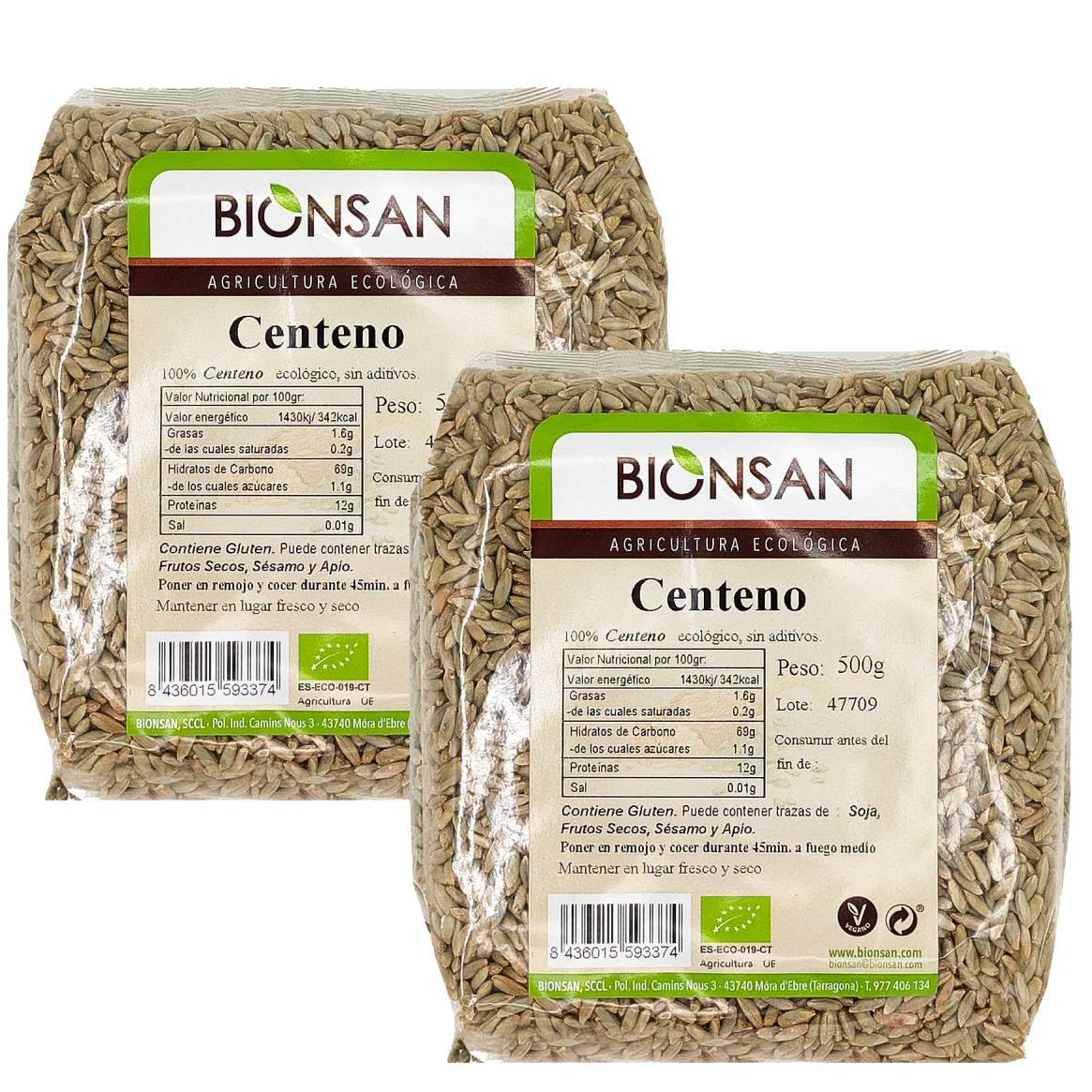 Pack 2 Centeno en Grano Bion san Bio 500 g, 1 kg total, cereal integral ecológico, 100% centeno en grano, textura firme, sabor intenso, formato ahorro para cocina diaria.