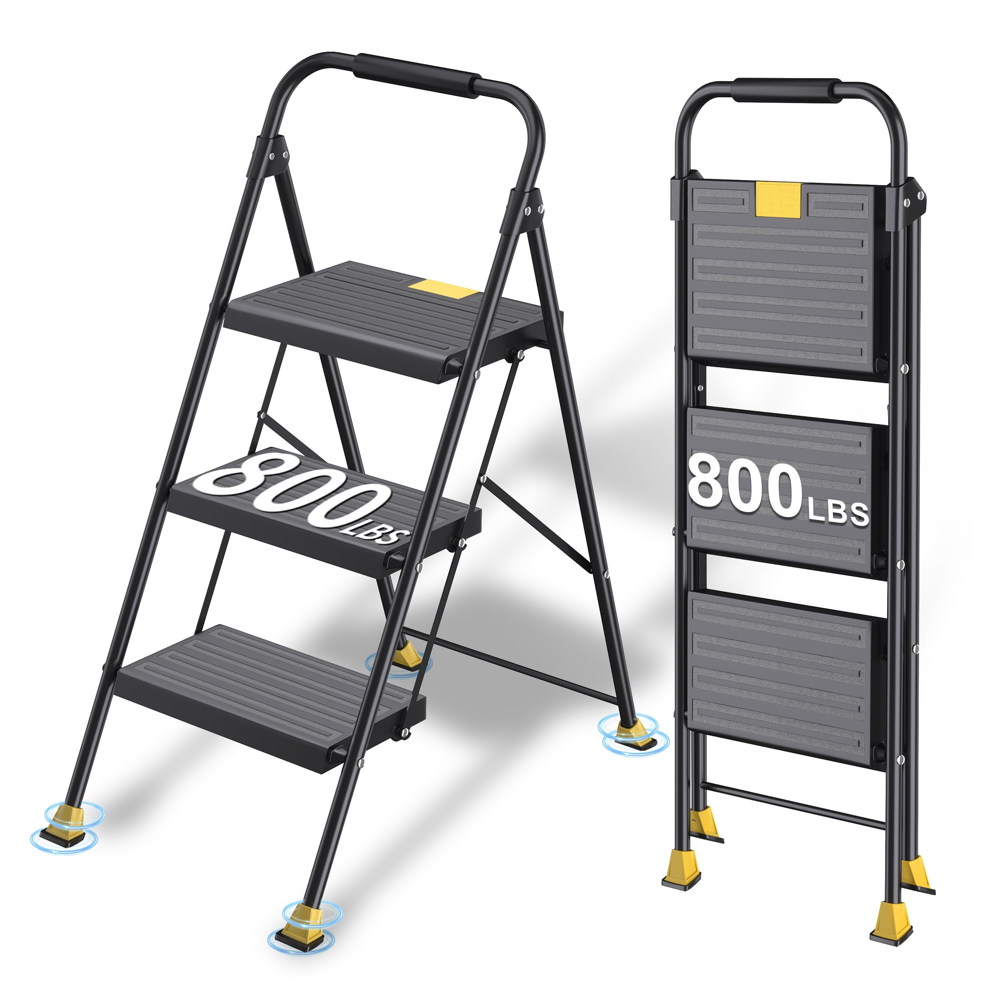 Foldable Step Ladder Folding Stool - 800Lbs Heavy Duty with Handrails for Home Adults Kitchen 3 Stepping Extension Tall - Indoor House Closet Stepstool Stair Ladders Extendable Stepladder-image-11