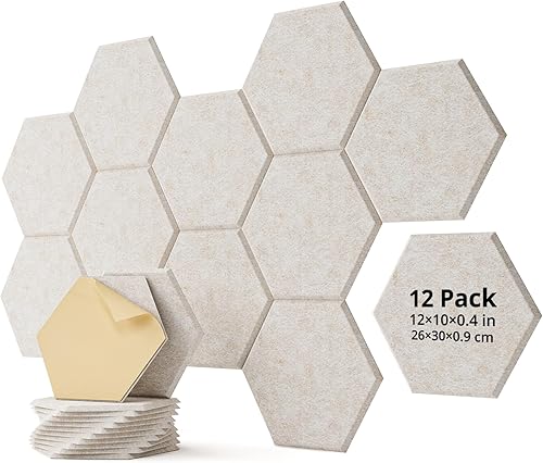 Paquete de 12 paneles acústicos absorbentes de sonido, paneles autoadhesivos a prueba de sonido, paneles hexagonales de amortiguación de sonido de
